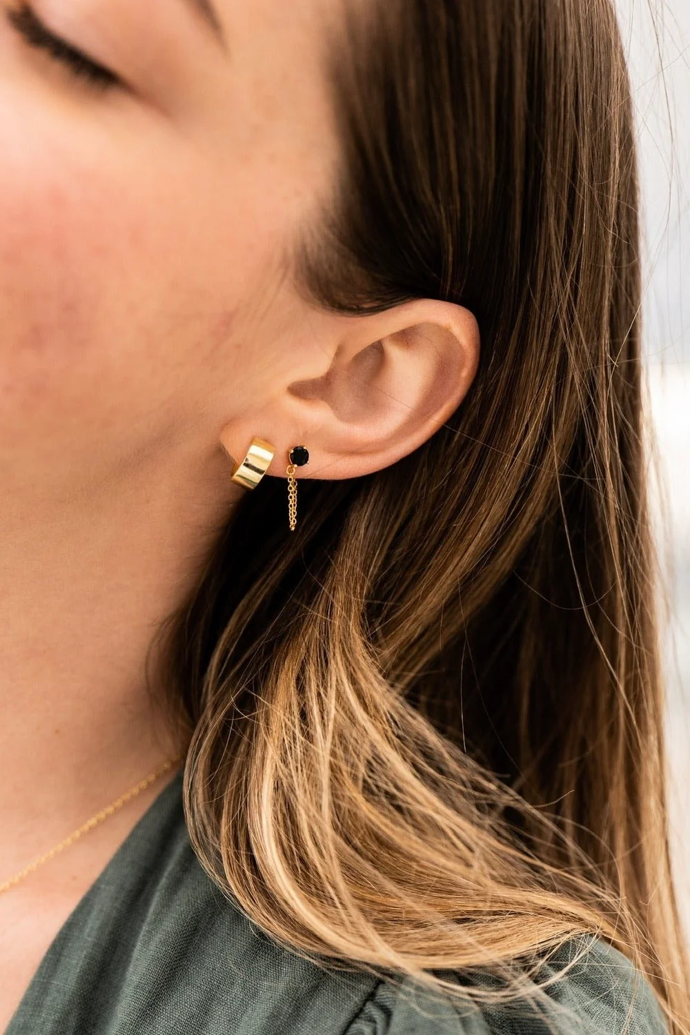 Miles Gold Dropper Chain EOL Earrings with Black Garnet - Image 2