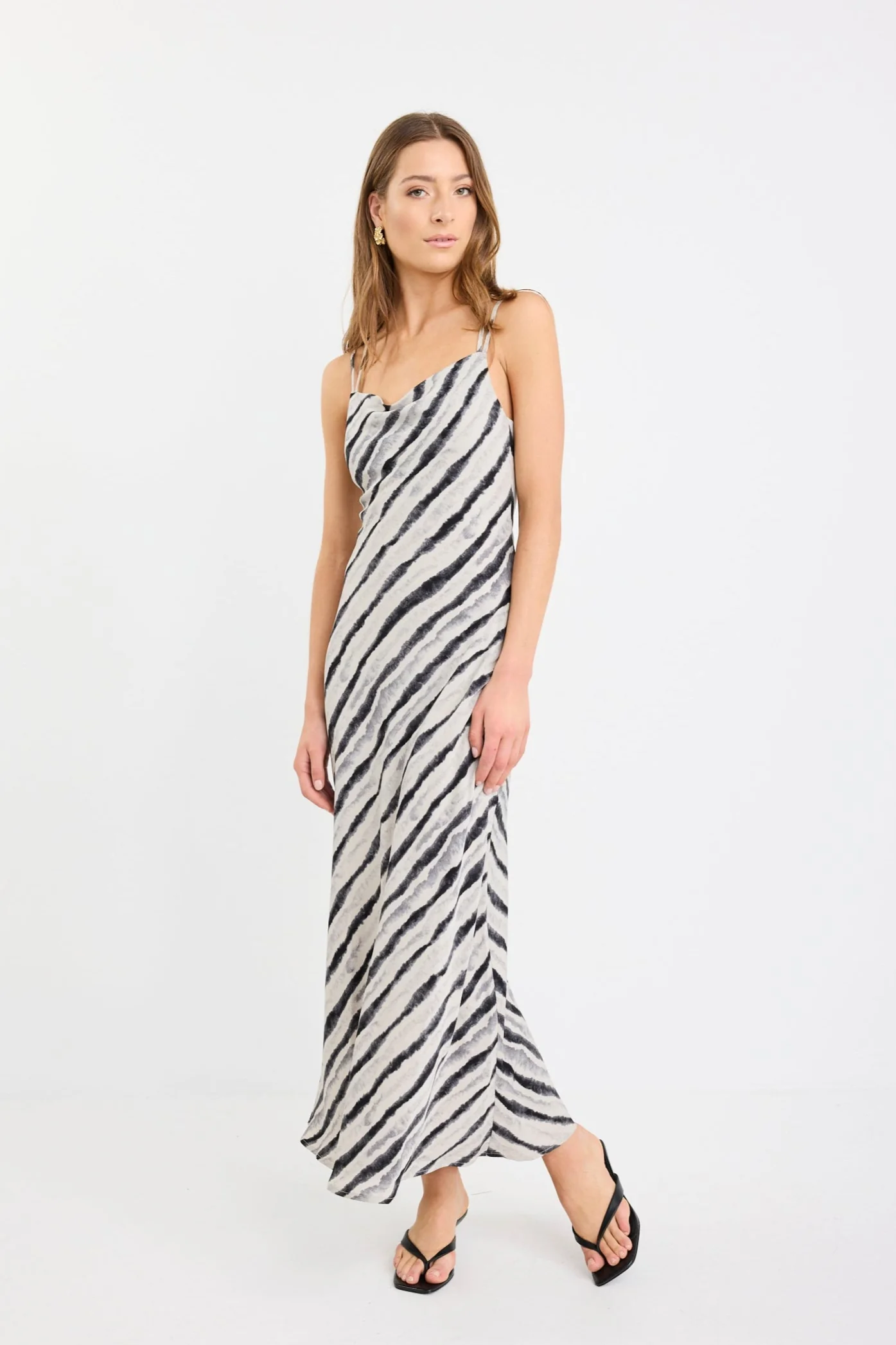 Mimosa Charcoal Irregular Stripe Cowl Neck Bias Slip Dress - Image 2