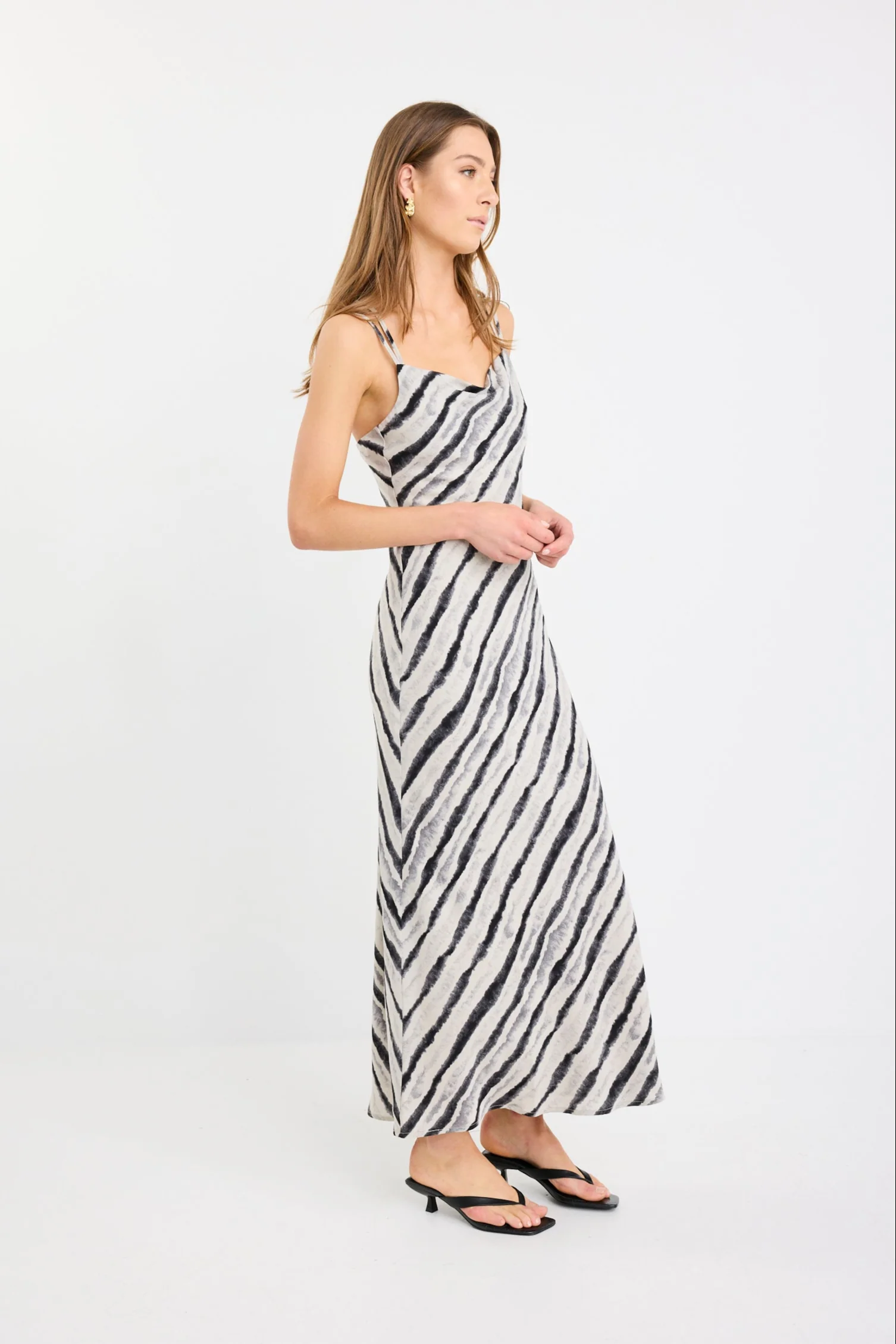 Mimosa Charcoal Irregular Stripe Cowl Neck Bias Slip Dress - Image 6