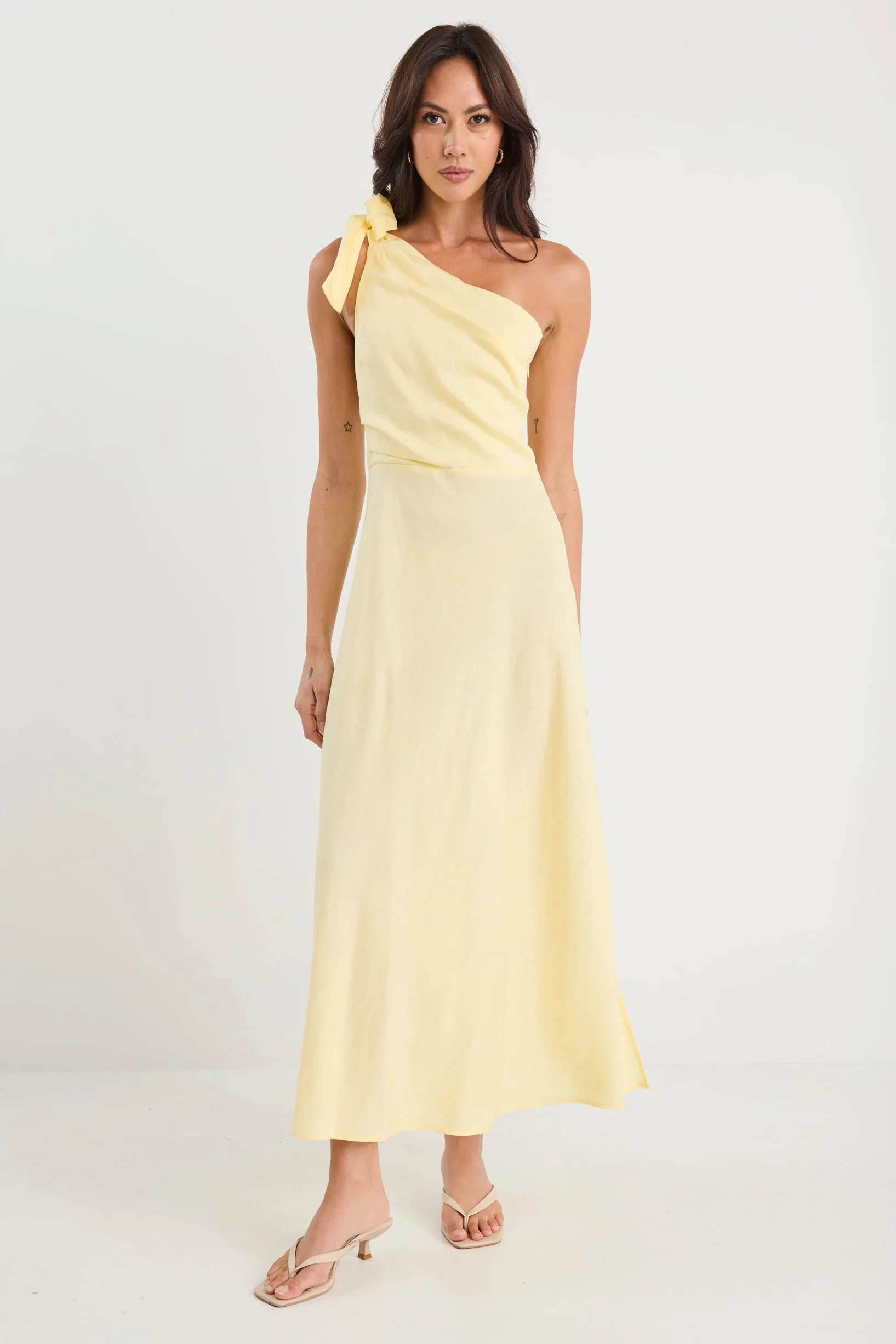 Mirror Butter Yellow Linen Blend One Shoulder Bow Midi Dress