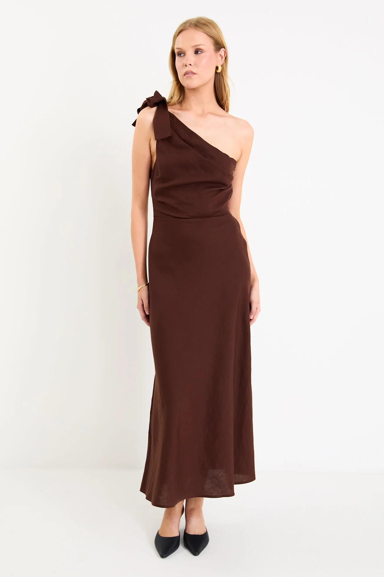 Mirror Chocolate Linen Blend One Shoulder Bow Midi Dress
