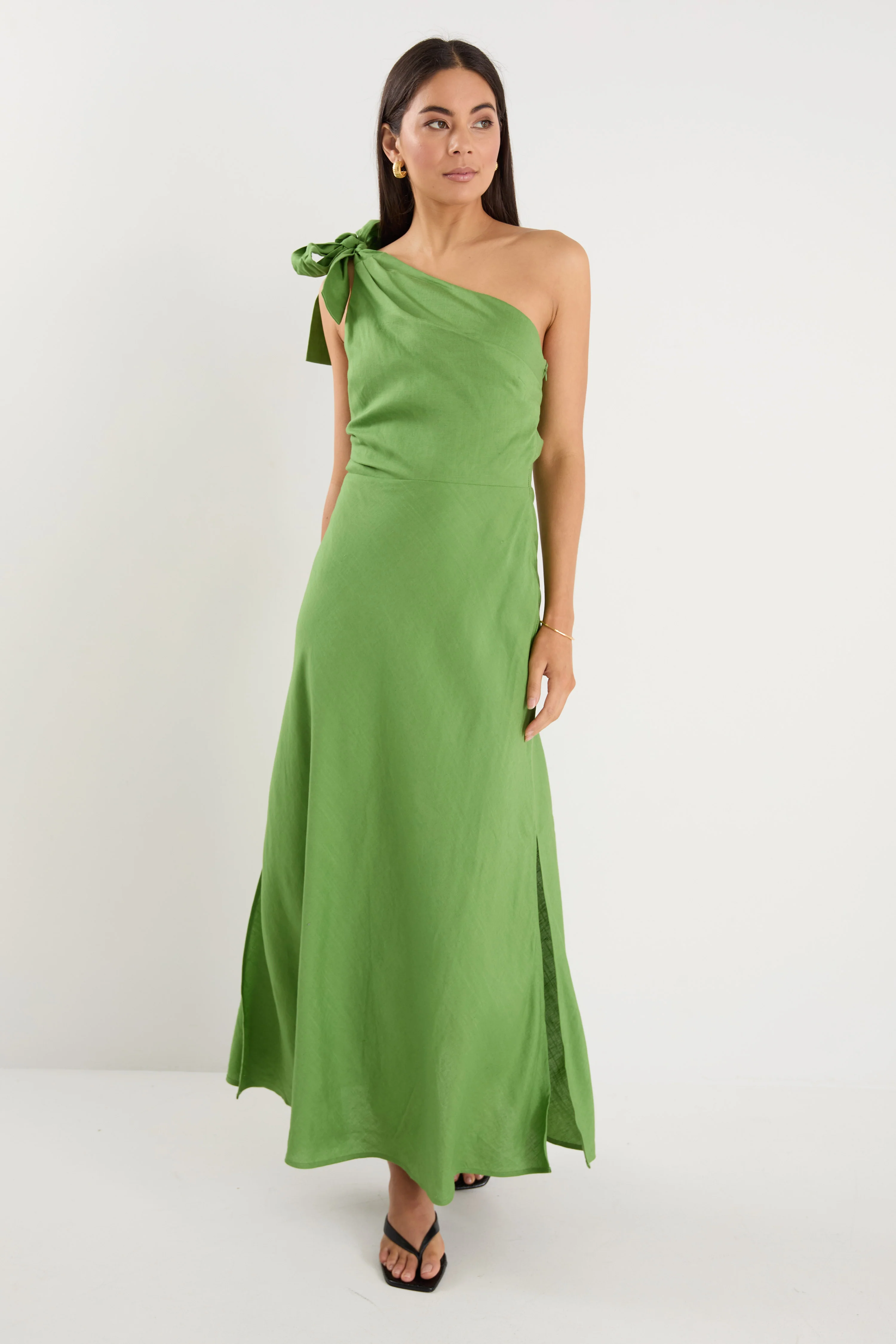Mirror Apple Linen Blend One Shoulder Bow Midi Dress - Image 3