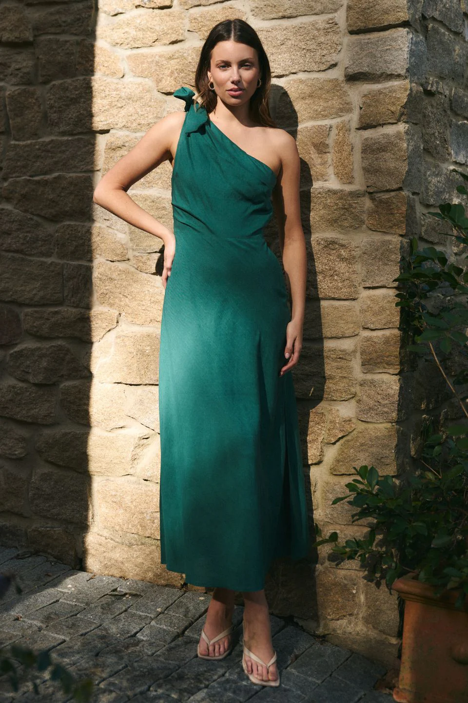 Mirror Forest Linen Blend One Shoulder Bow Midi Dress - Image 2