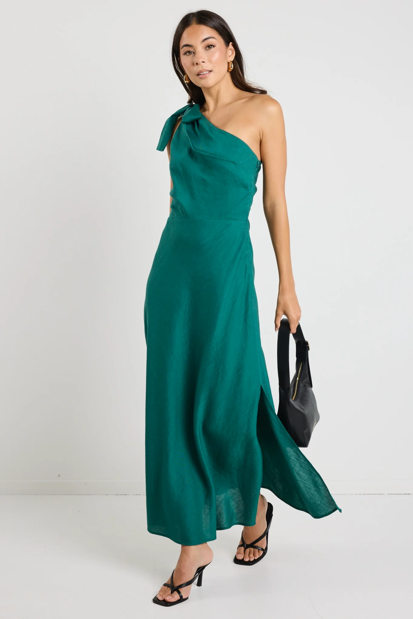 Mirror Forest Linen Blend One Shoulder Bow Midi Dress - Image 3