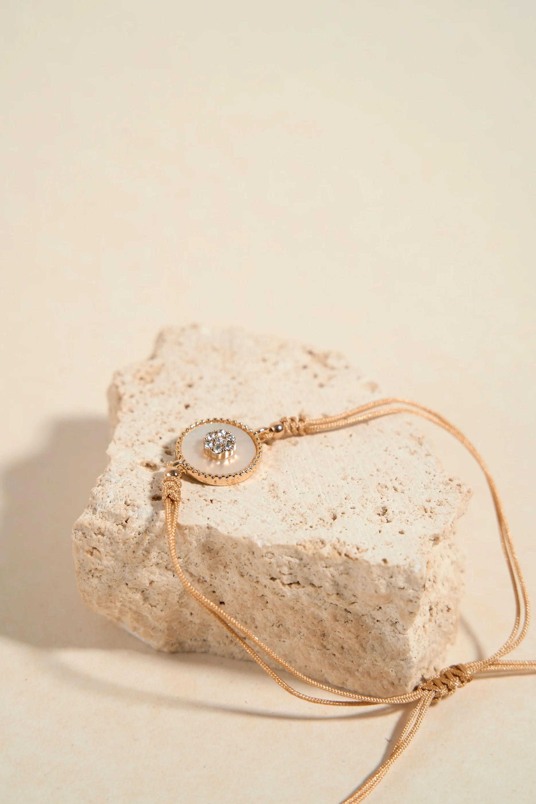 Round Pearl EOL Diamante Tan String Bracelet