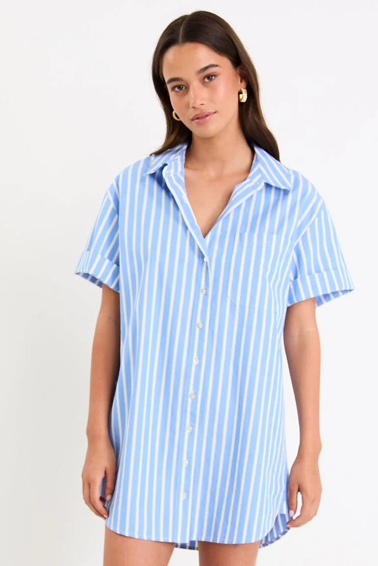 Mykonos Blue Stripe Short Sleeves Mini Shirt Dress