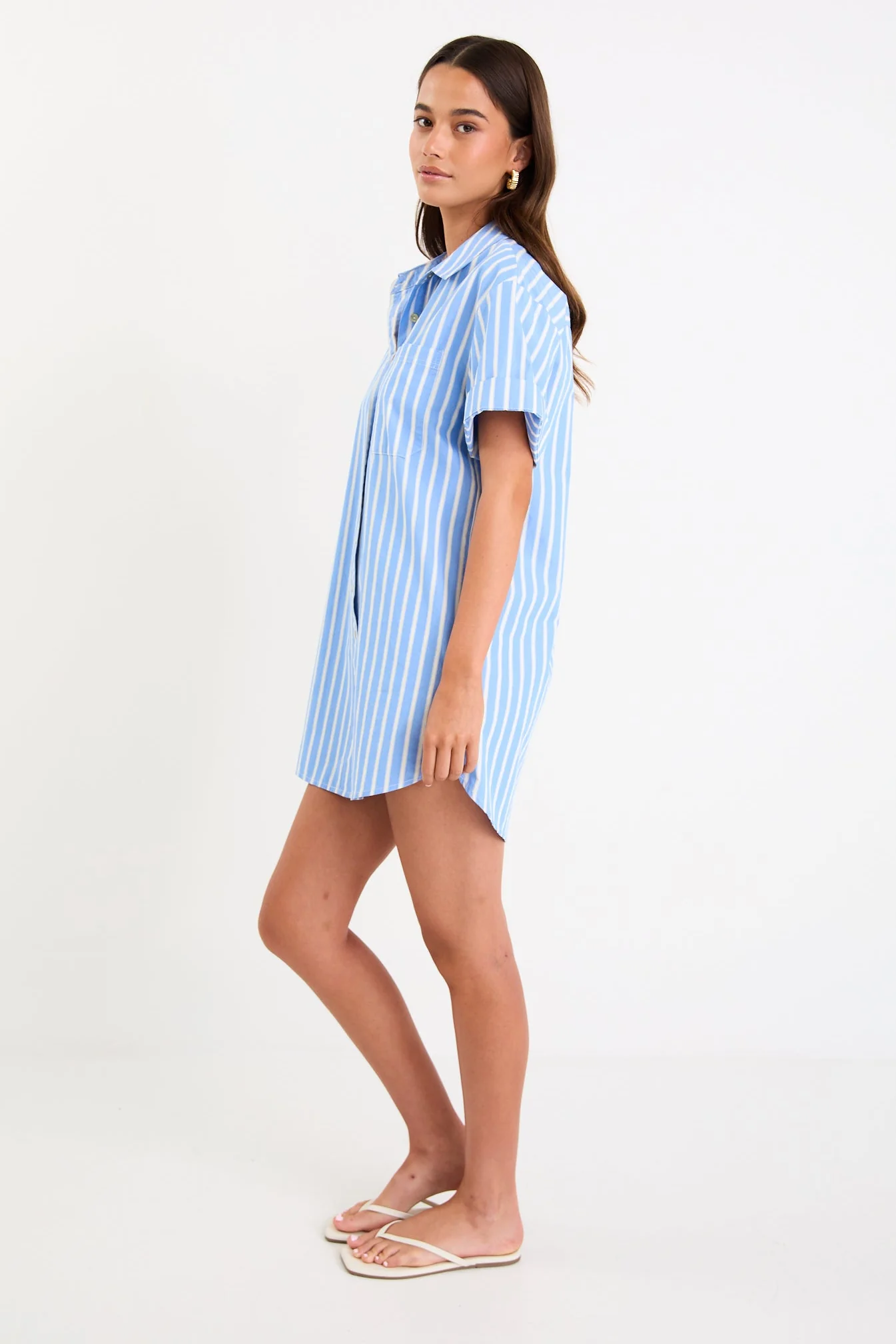 Mykonos Blue Stripe Short Sleeves Mini Shirt Dress - Image 3