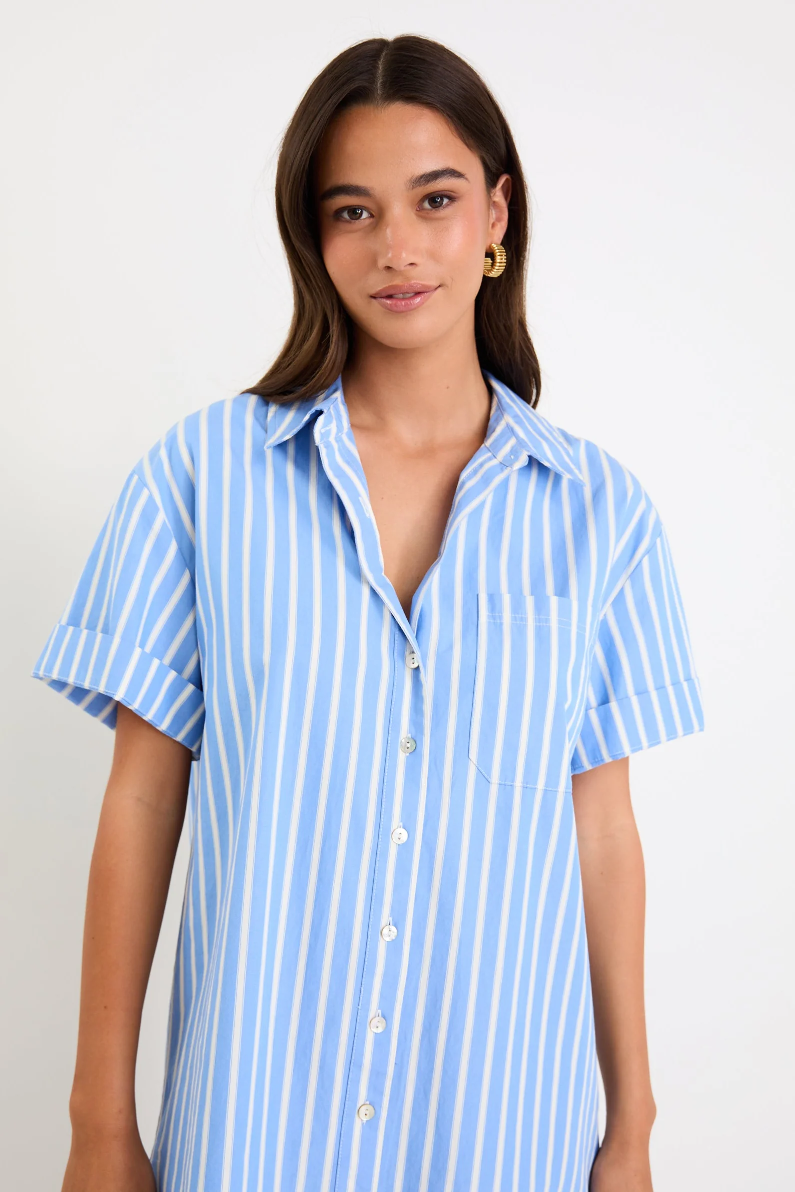 Mykonos Blue Stripe Short Sleeves Mini Shirt Dress - Image 4