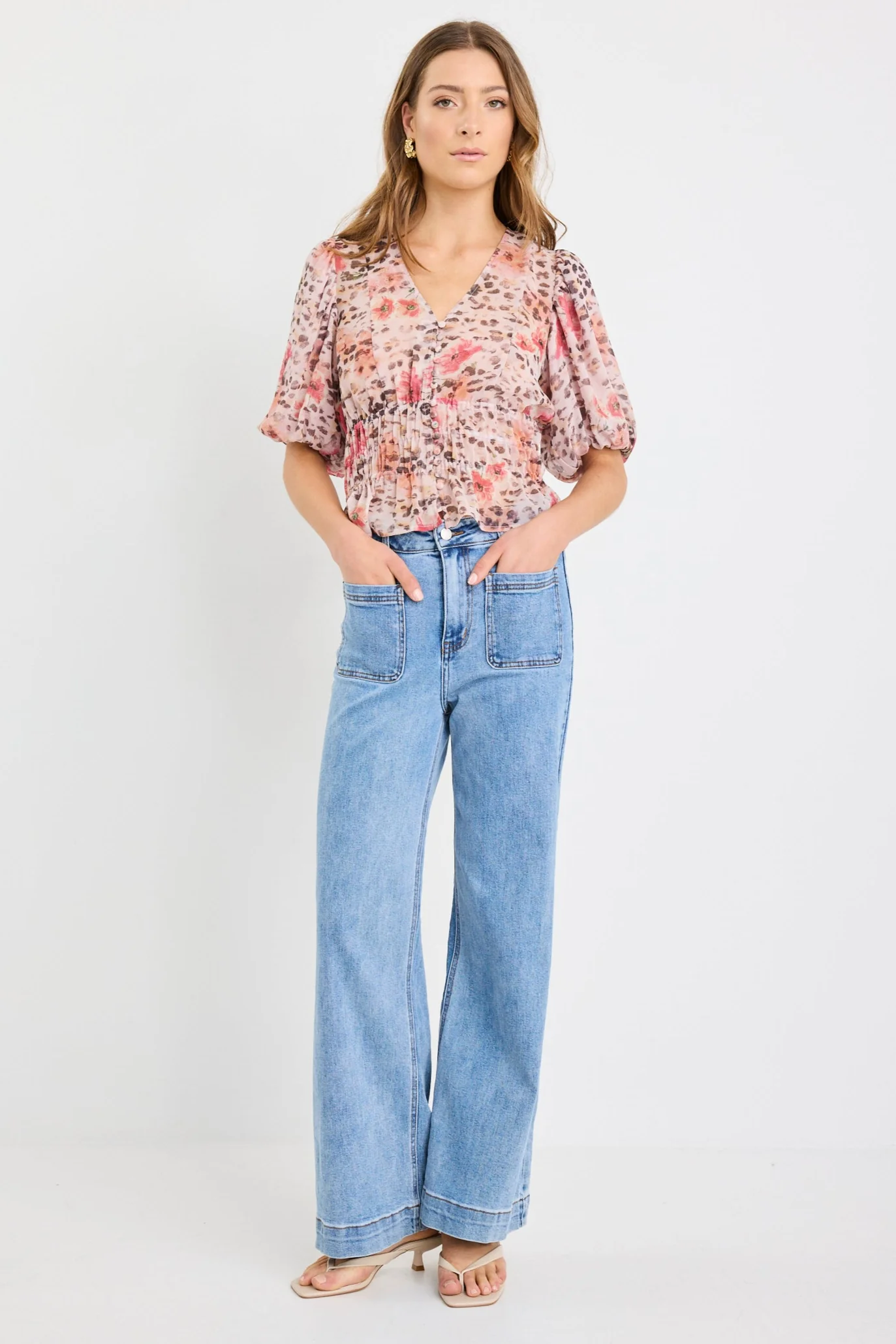 Mystery Floral Animal Bubble Sleeve SS Blouse - Image 3