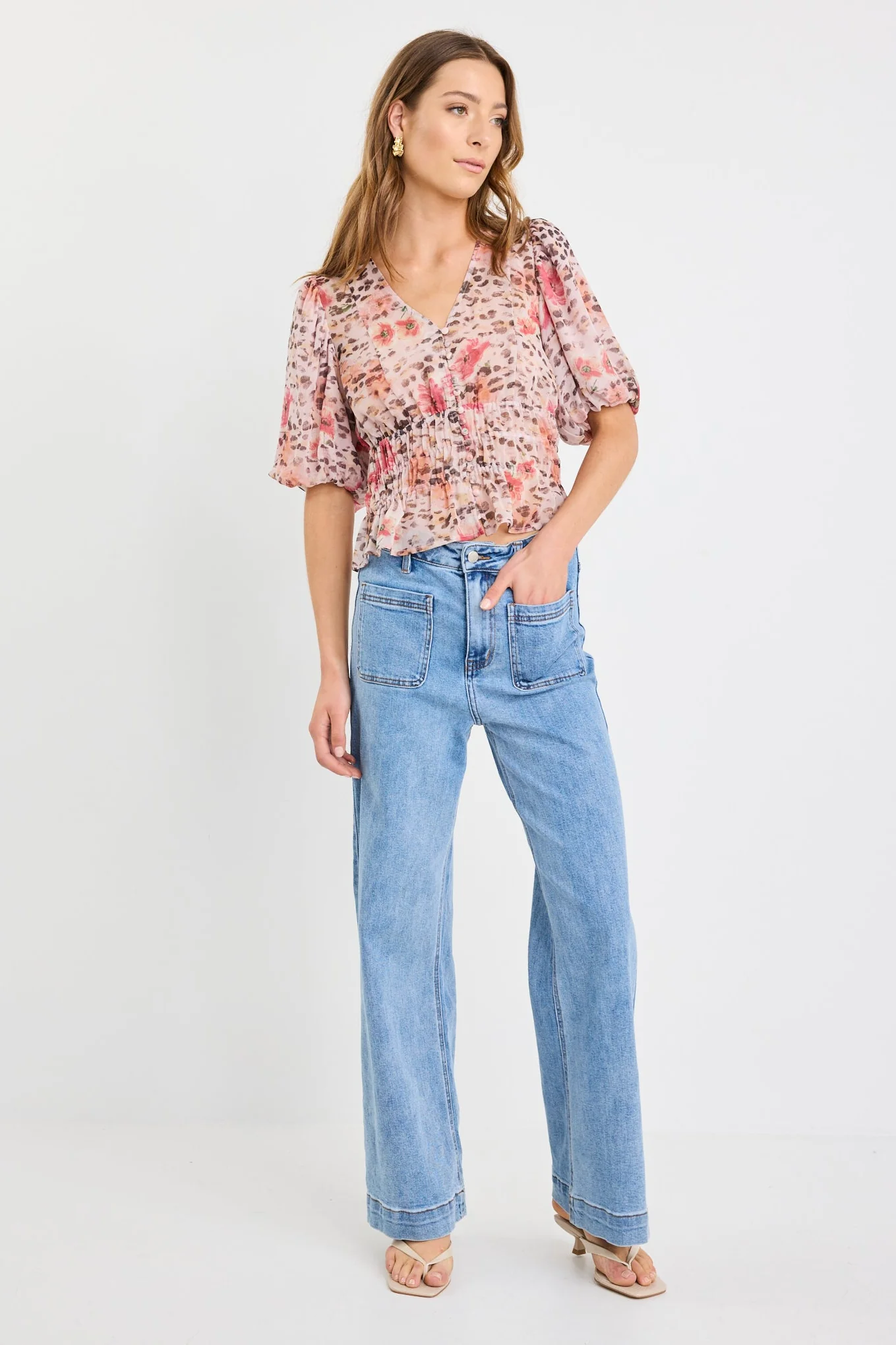 Mystery Floral Animal Bubble Sleeve SS Blouse - Image 5
