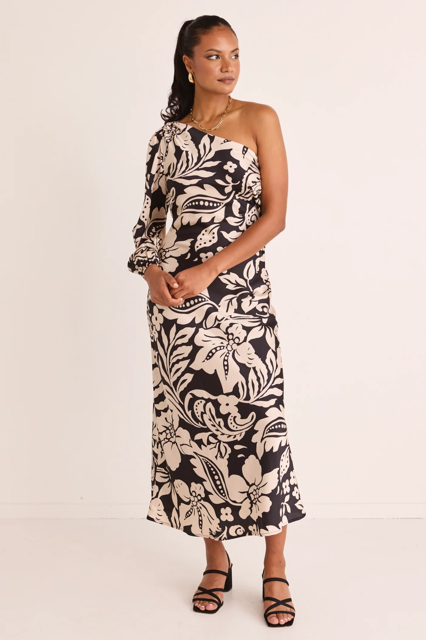 Mythical Black Baroque One Shoulder LS Midi Dress - Image 4
