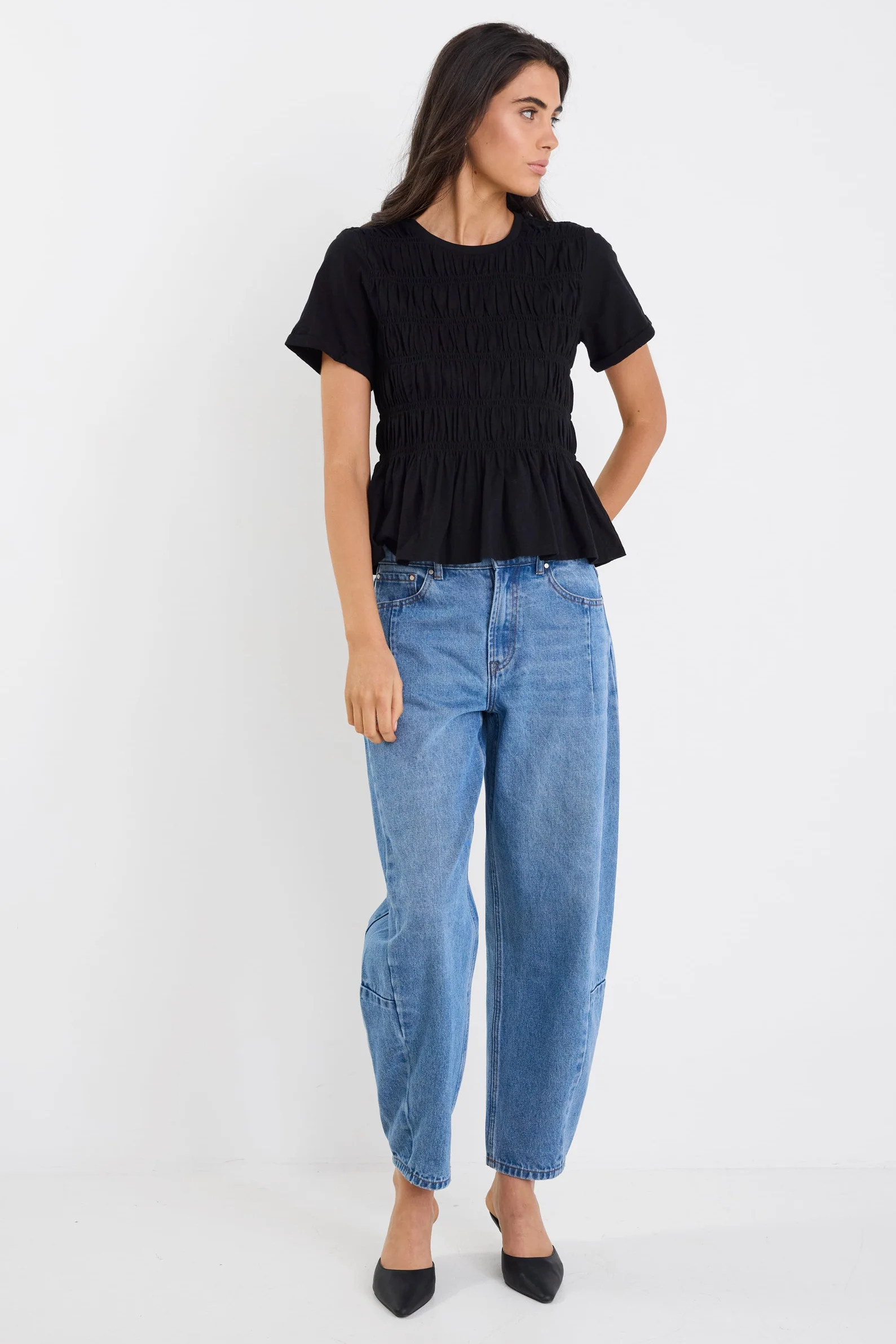 Neat Black Slub Shirred Detail SS Tee - Image 2