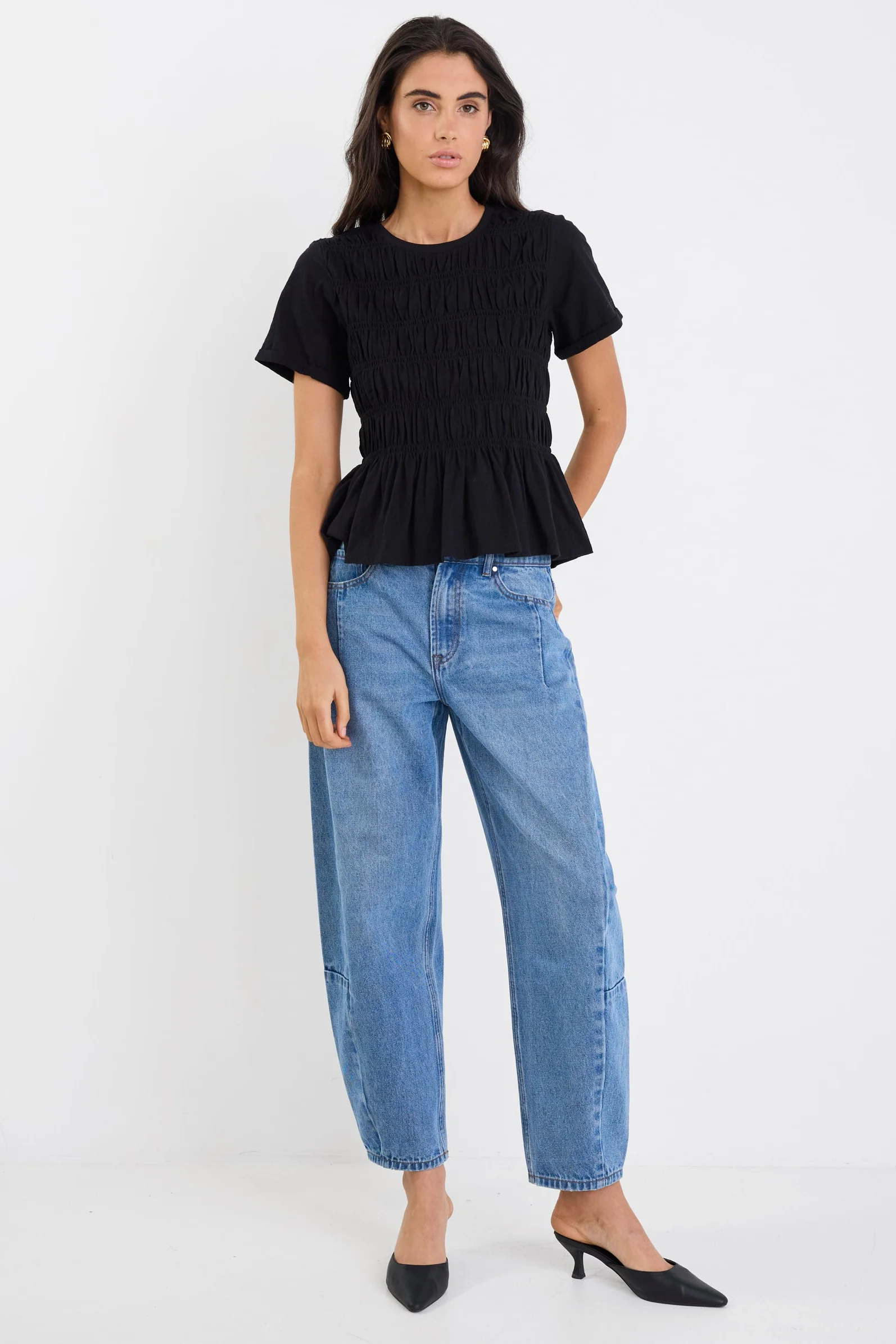Neat Black Slub Shirred Detail SS Tee - Image 3