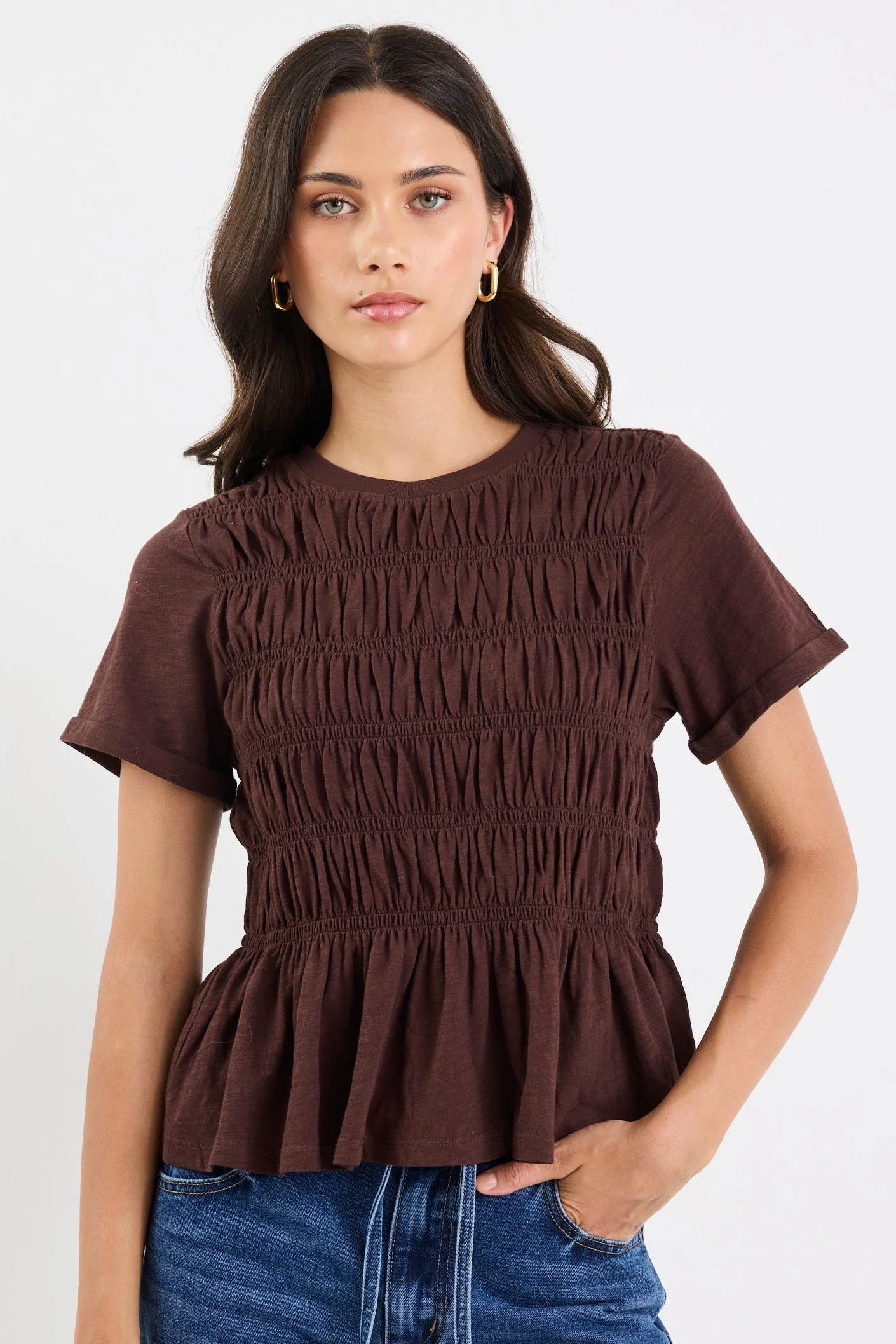 Neat Chocolate Slub Shirred Detail SS Tee - Image 2