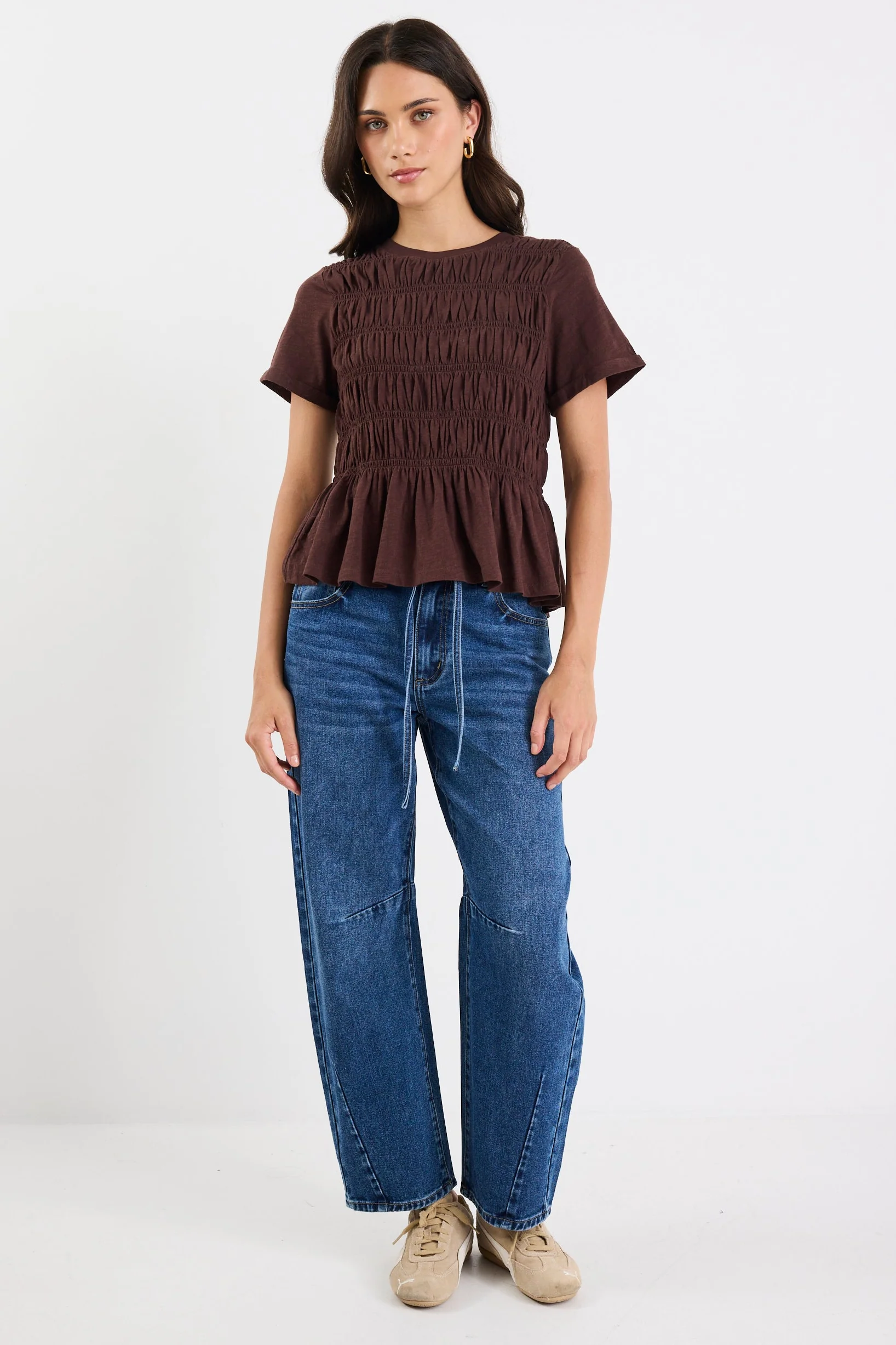 Neat Chocolate Slub Shirred Detail SS Tee - Image 3