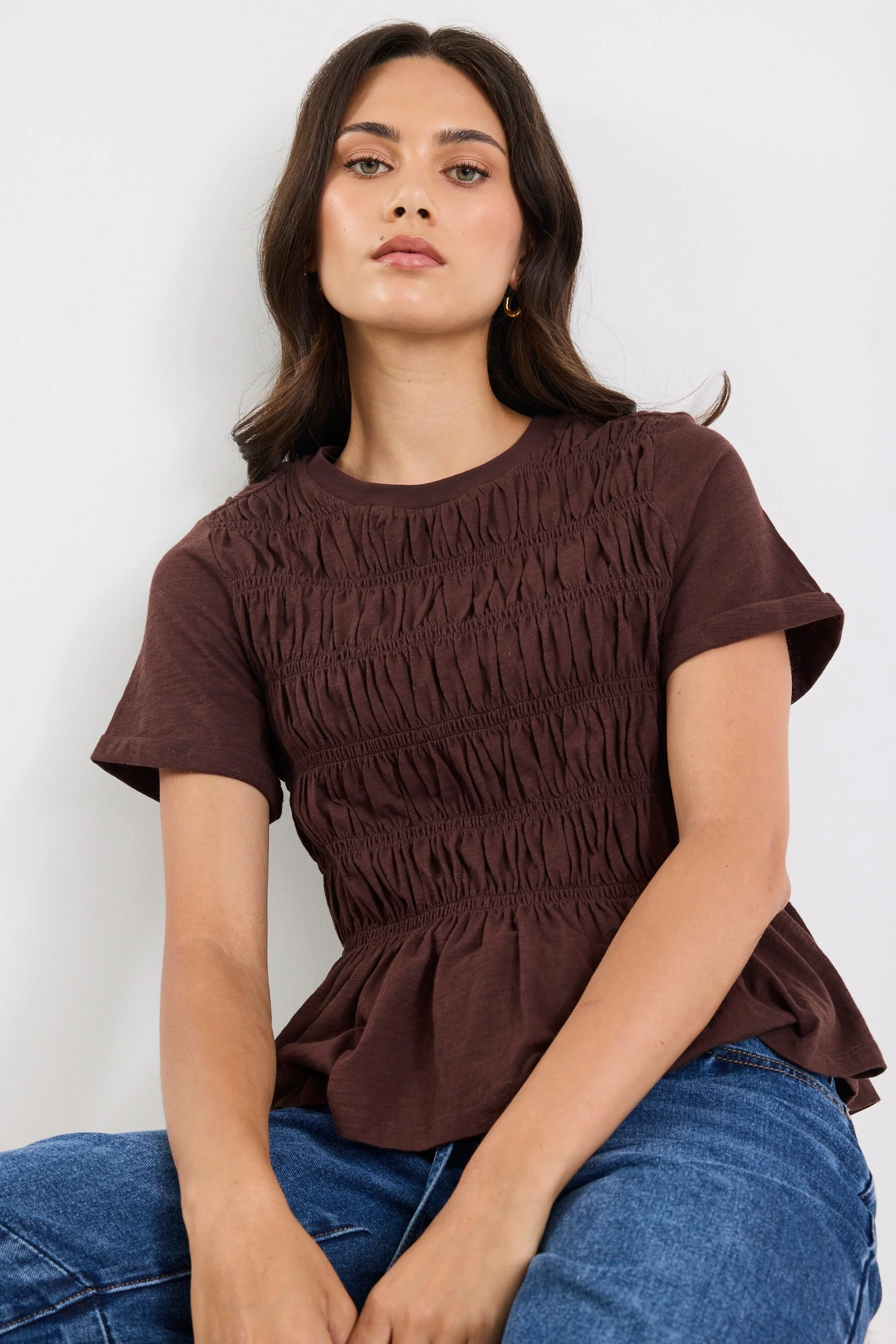 Neat Chocolate Slub Shirred Detail SS Tee - Image 4