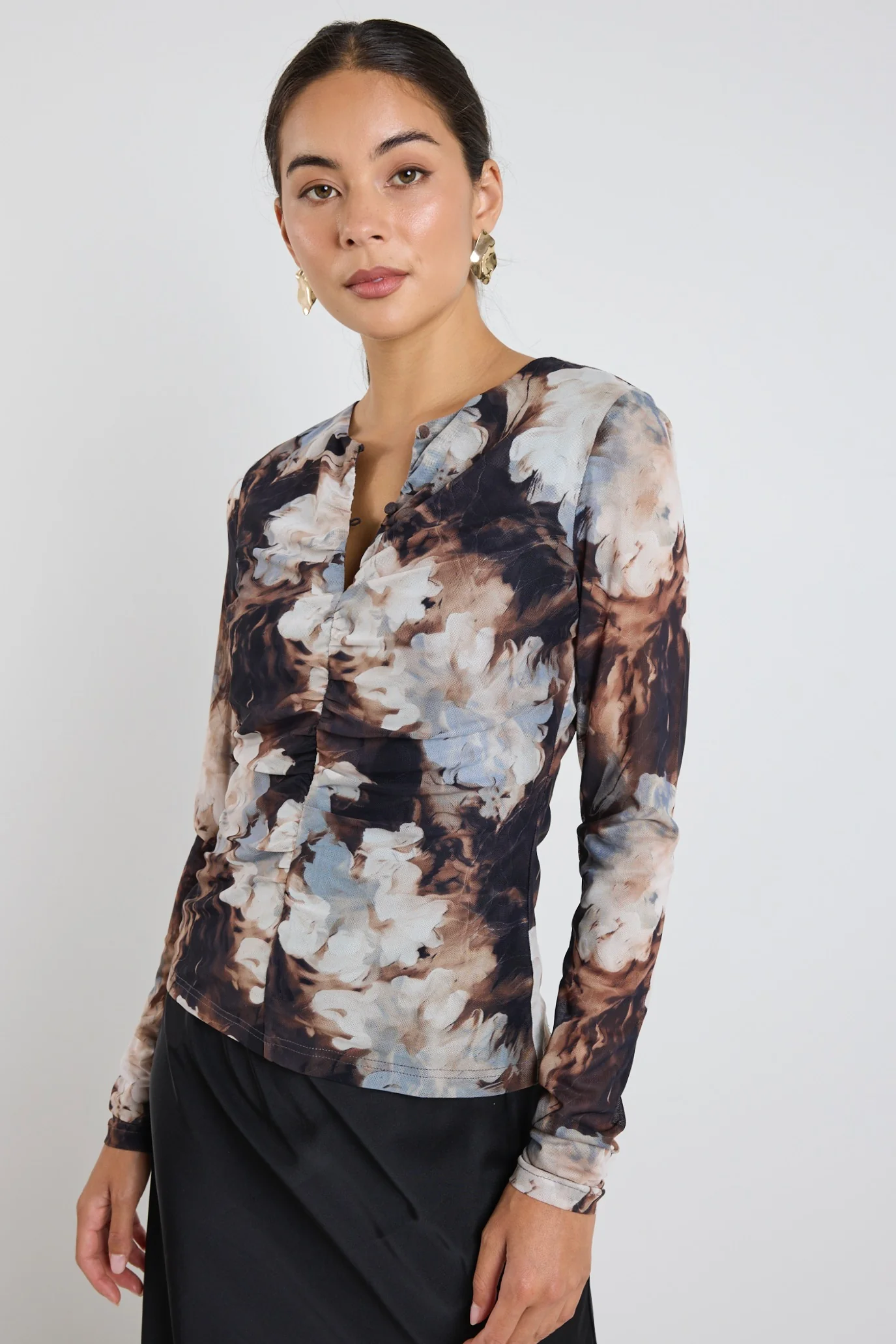 Network Sepia Floral Mesh Keyhole LS Top - Image 3