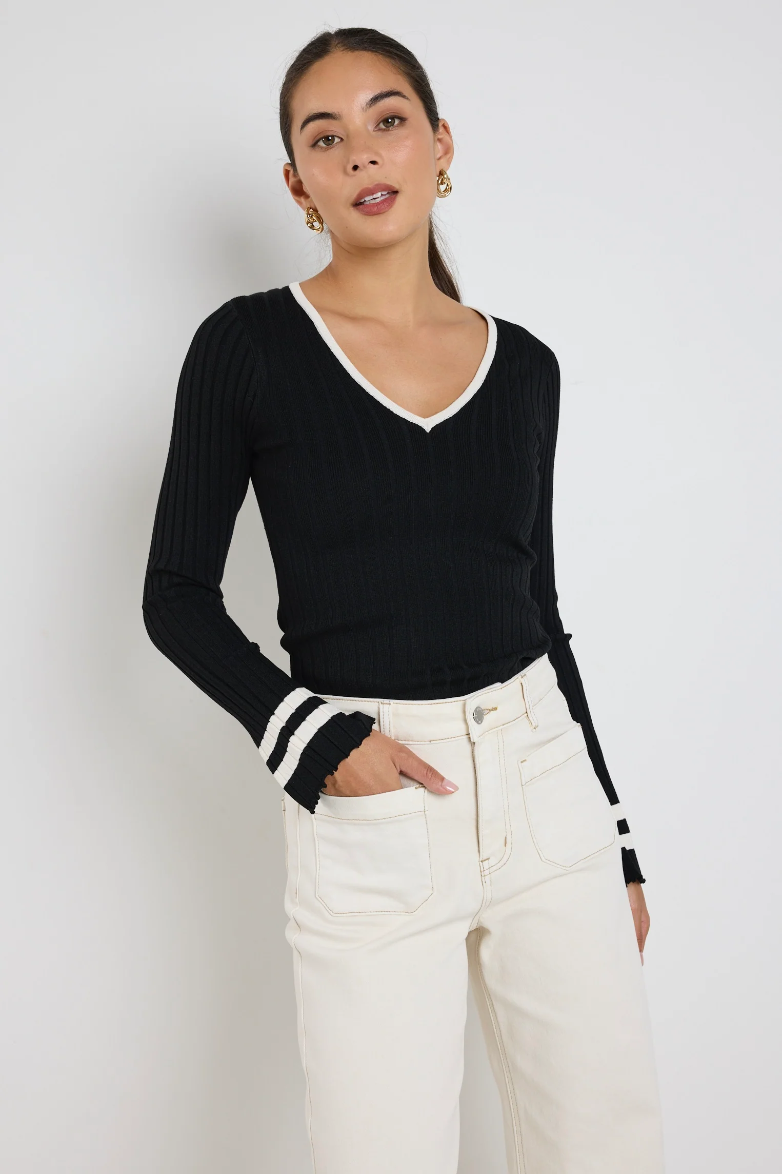 Nico Black Stripe LS V Neck Rib Knit Top - Image 2