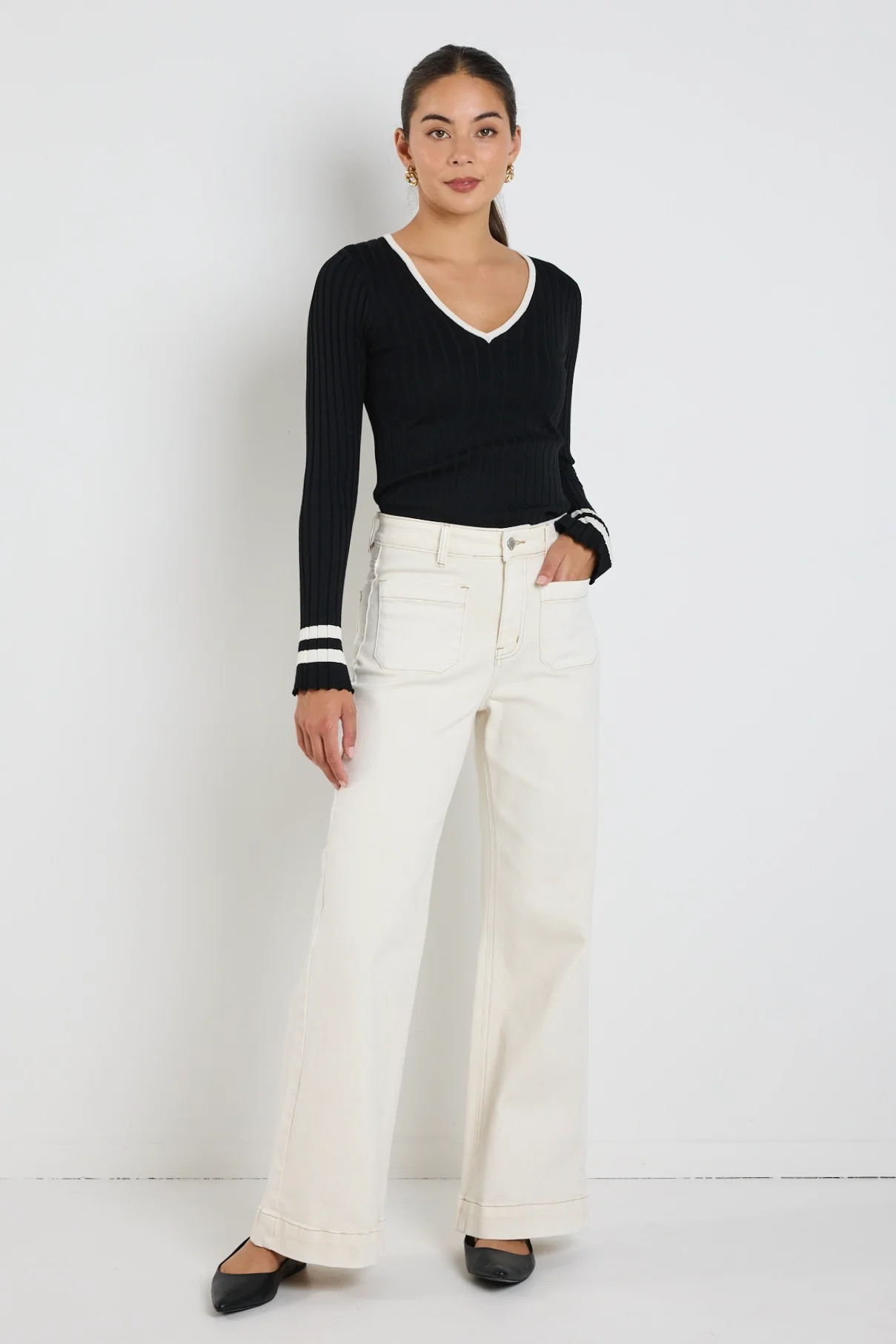 Nico Black Stripe LS V Neck Rib Knit Top - Image 4