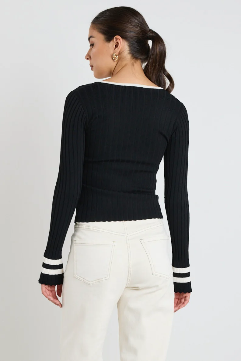 Nico Black Stripe LS V Neck Rib Knit Top - Image 6