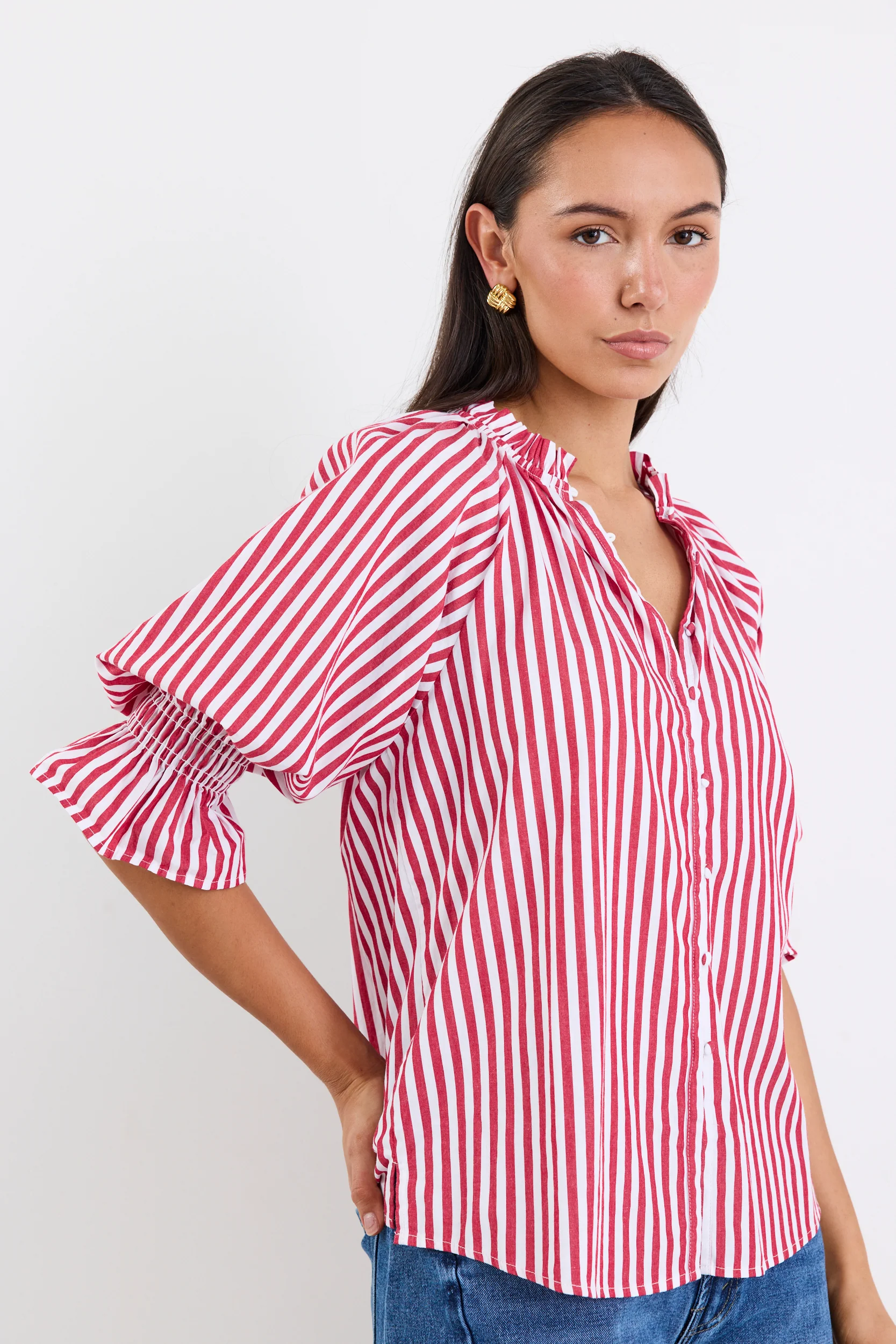 Noetic Red Stripe Short Sleeve Blouse
