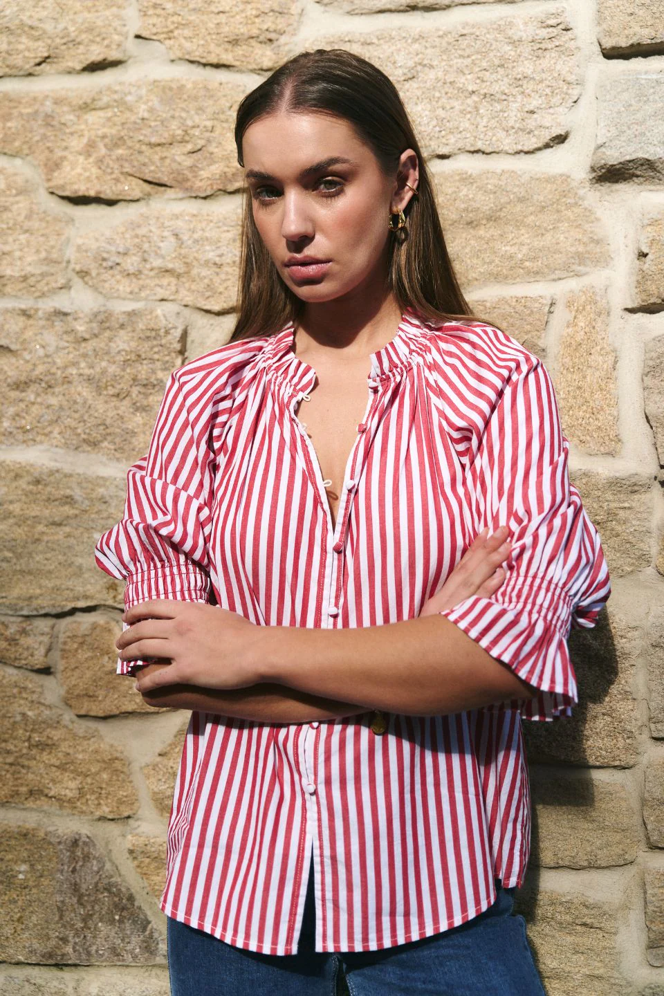 Noetic Red Stripe Short Sleeve Blouse - Image 2