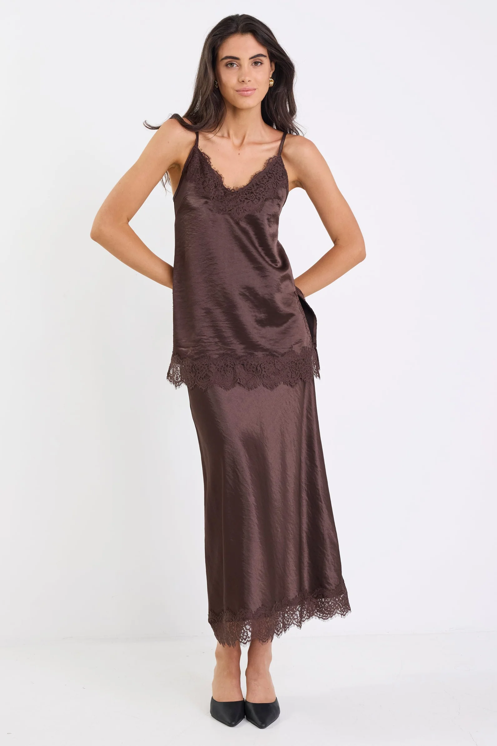 Noir Chocolate Satin Lace Trim Cami - Image 5