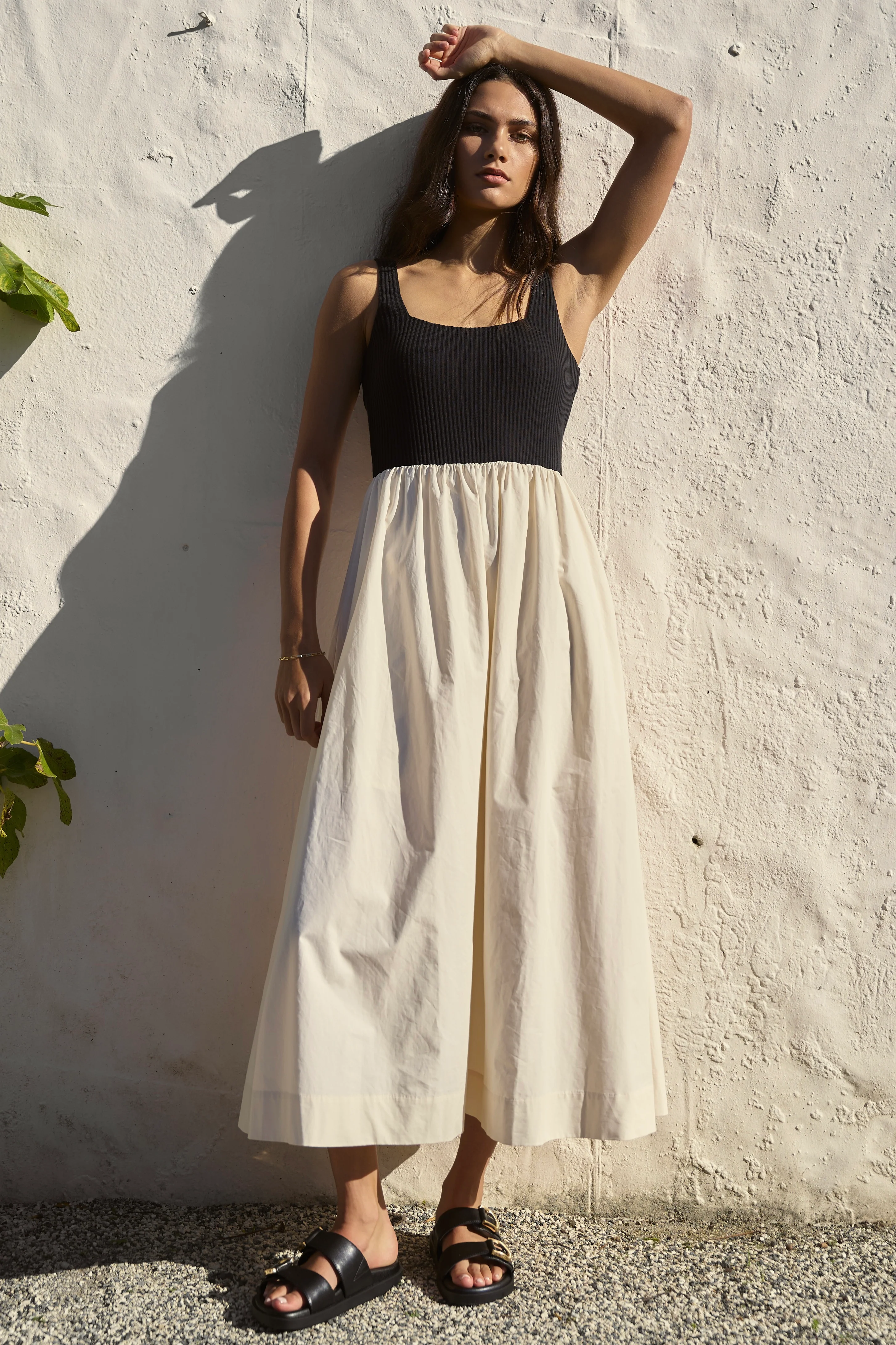 Obsidian Black and Ecru Square Neck Contrast Midi Dress