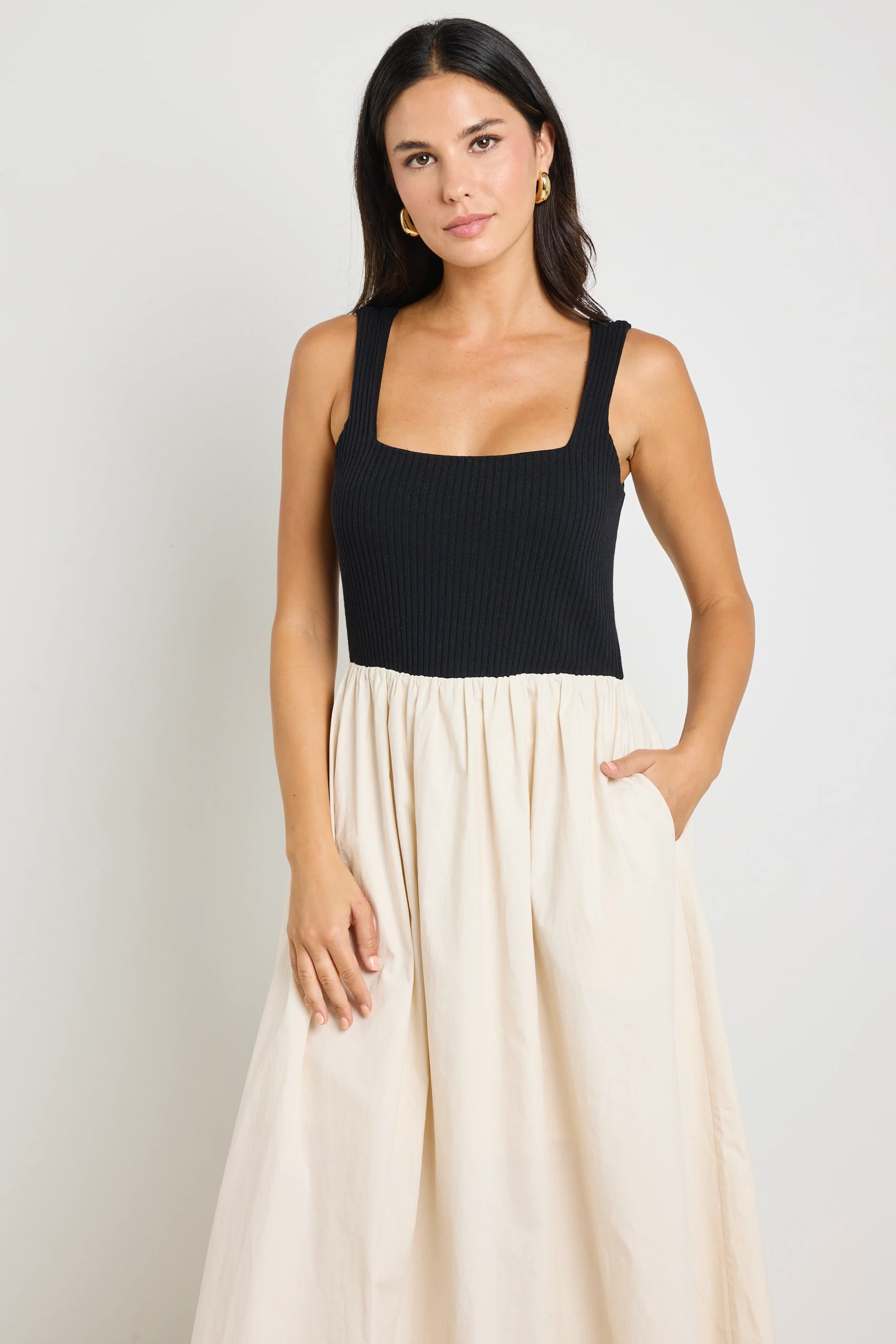 Obsidian Black and Ecru Square Neck Contrast Midi Dress - Image 5