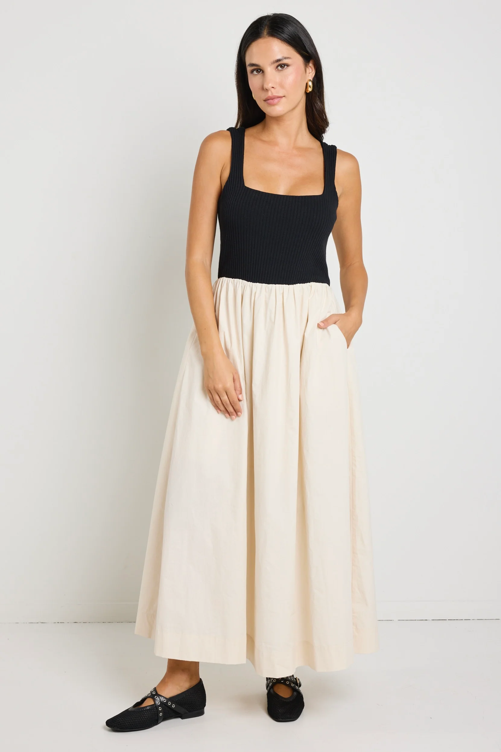 Obsidian Black and Ecru Square Neck Contrast Midi Dress - Image 6