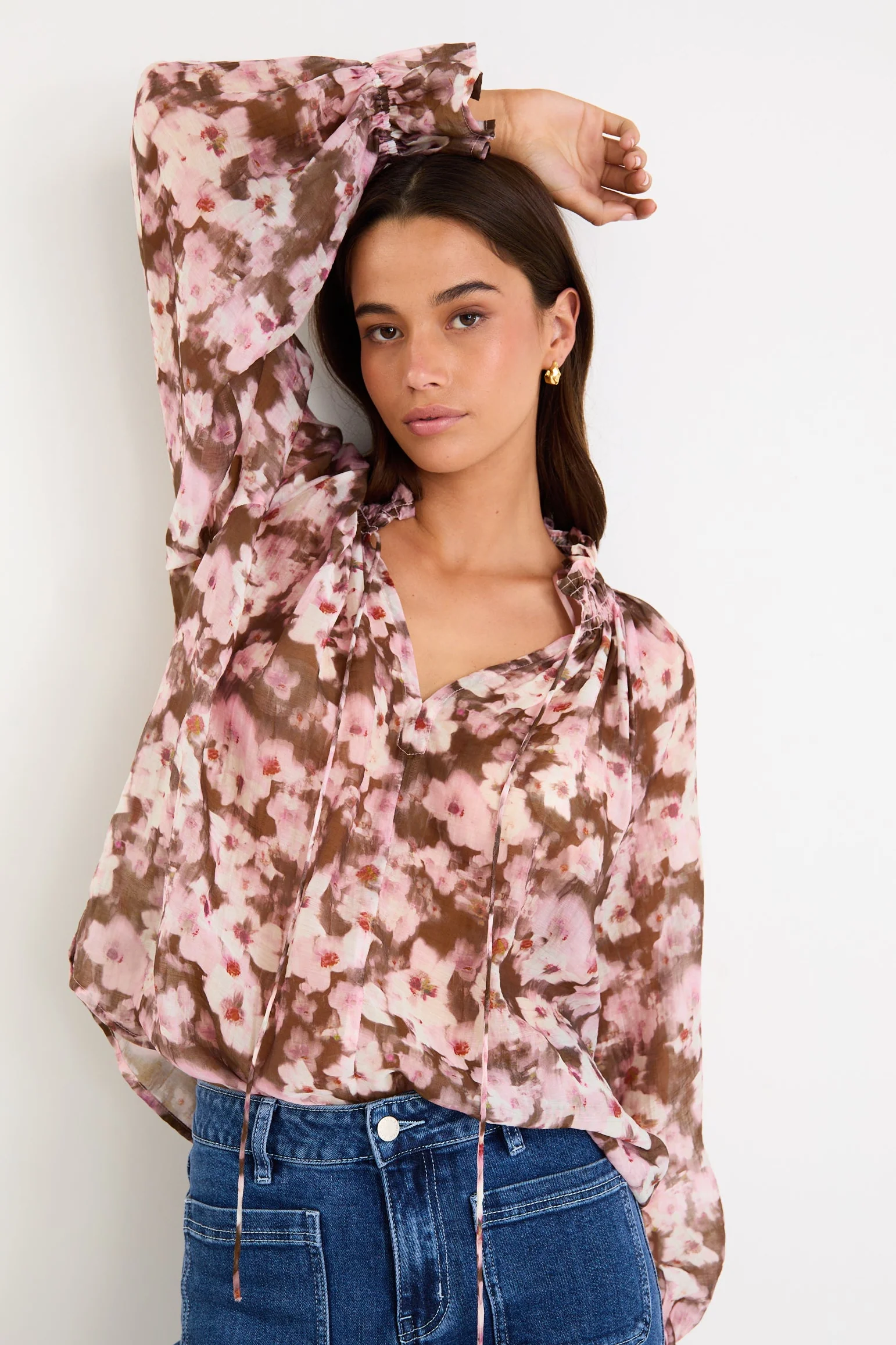 Odyssey Blush Chocolate Floral Shirred Neck LS Top - Image 2