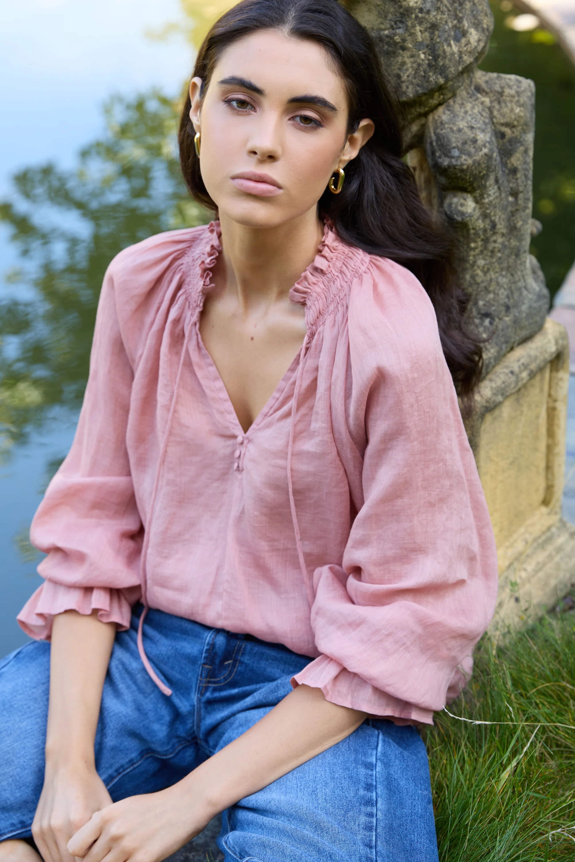 Odyssey Blush Shirred Neck Button Long Sleeve Top - Image 2