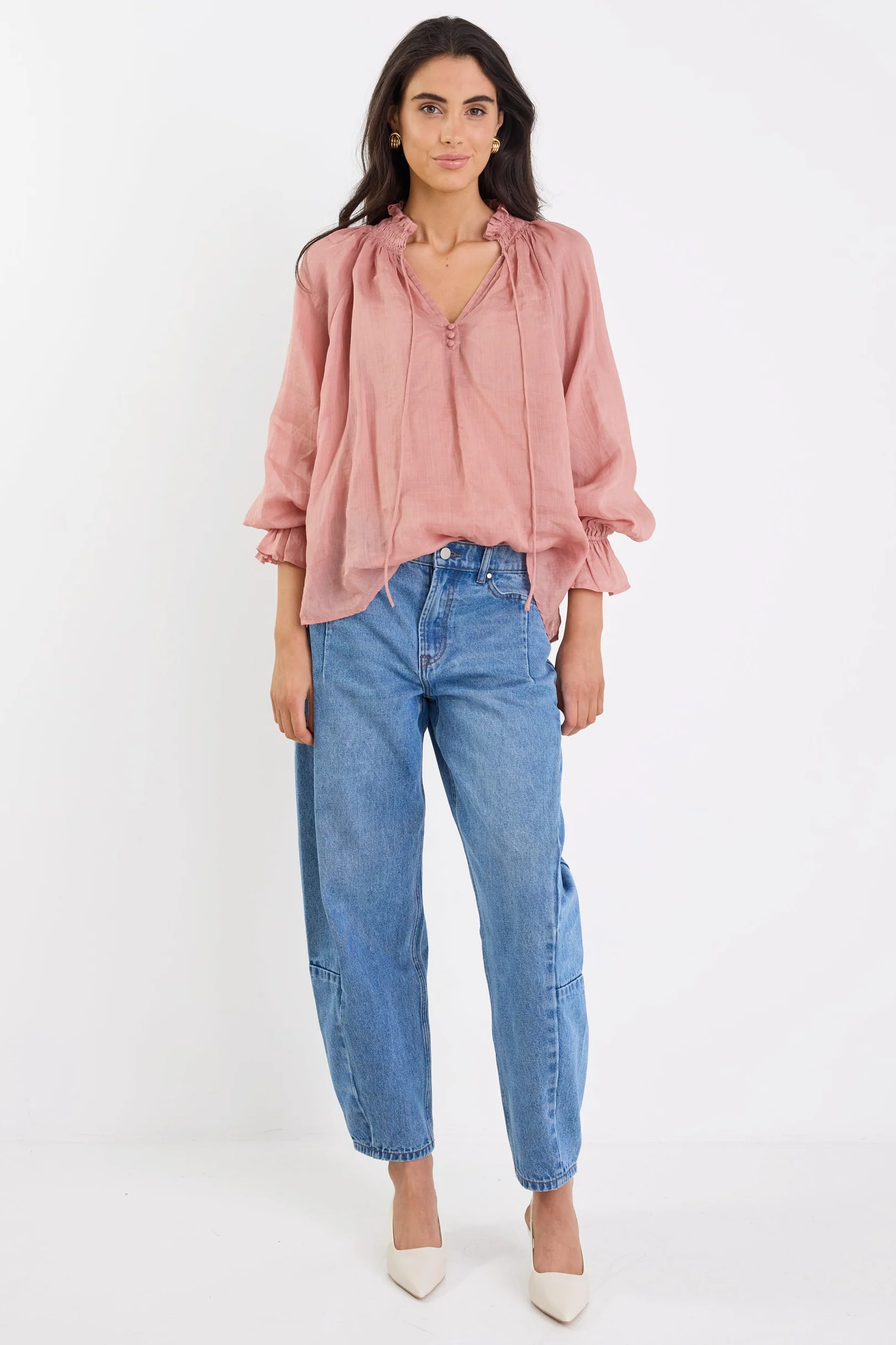 Odyssey Blush Shirred Neck Button Long Sleeve Top - Image 3