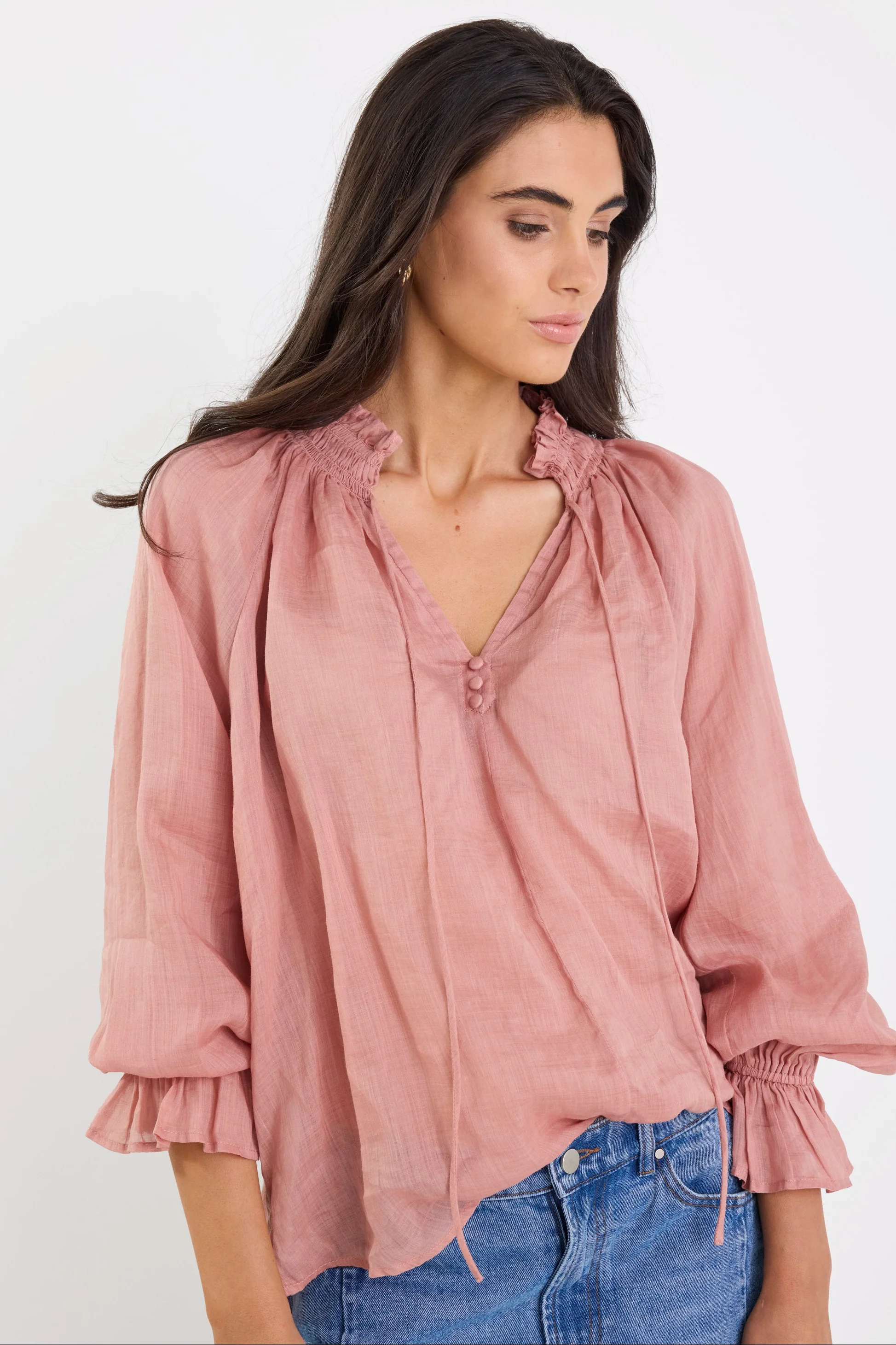Odyssey Blush Shirred Neck Button Long Sleeve Top - Image 4