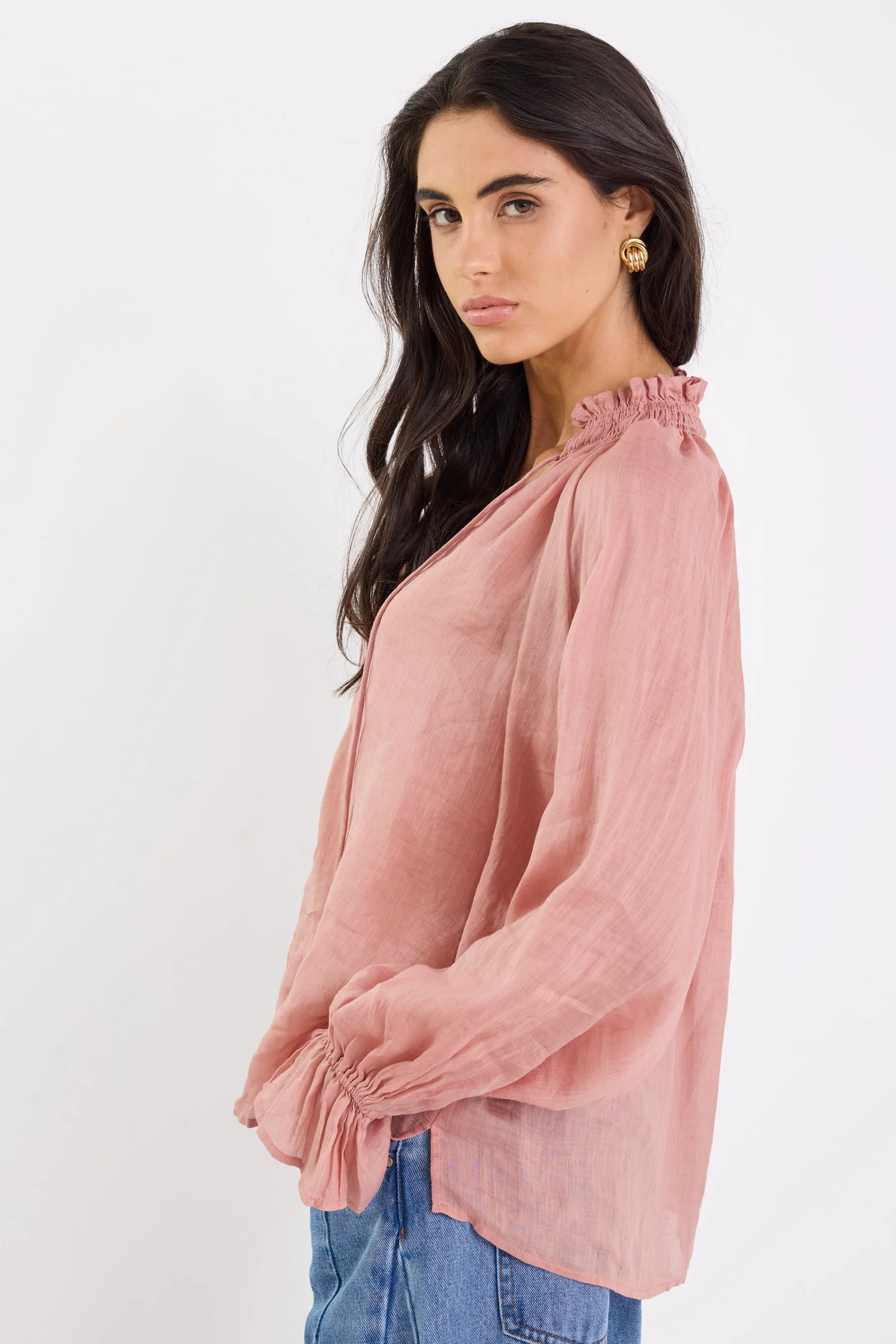 Odyssey Blush Shirred Neck Button Long Sleeve Top - Image 5