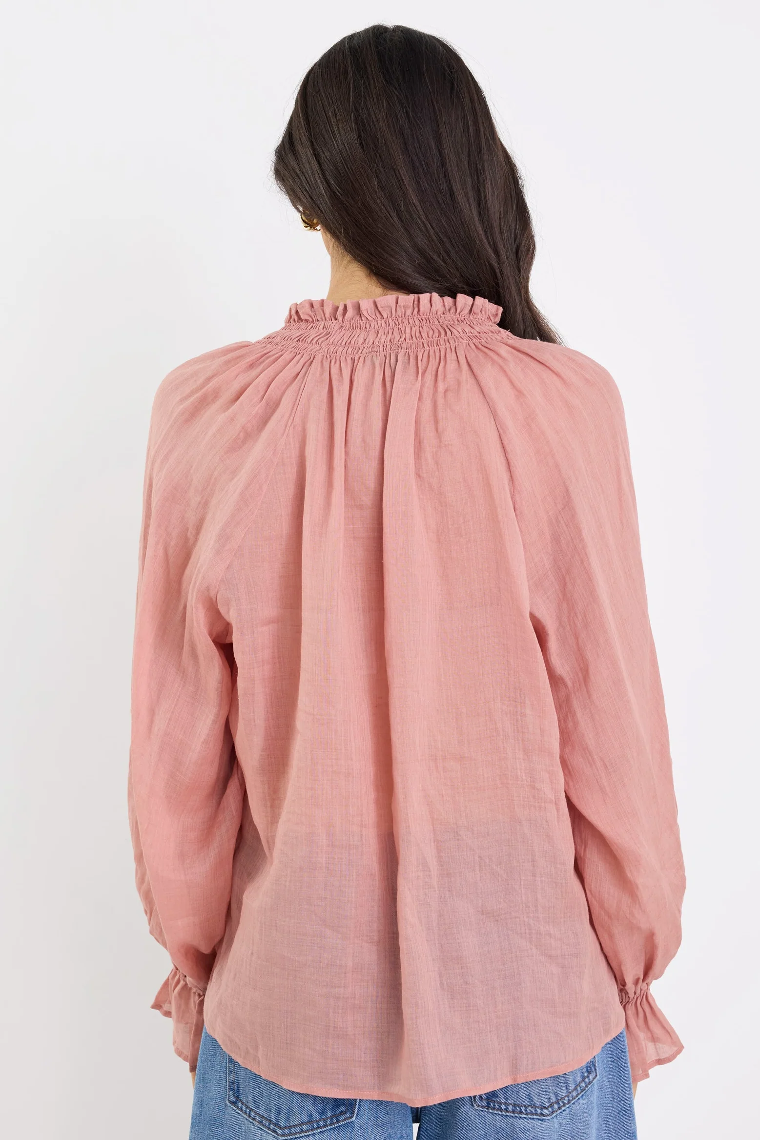 Odyssey Blush Shirred Neck Button Long Sleeve Top - Image 6