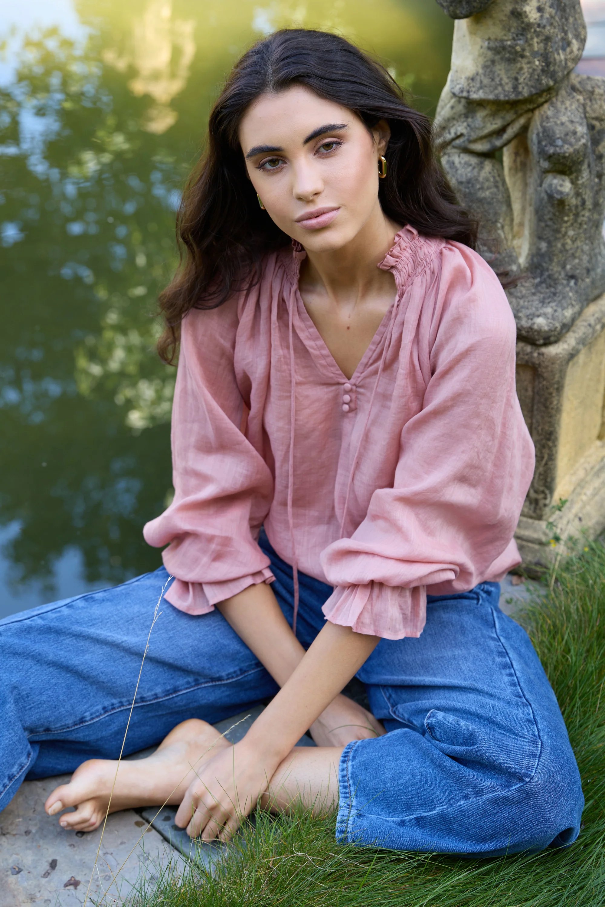 Odyssey Blush Shirred Neck Button Long Sleeve Top - Image 7