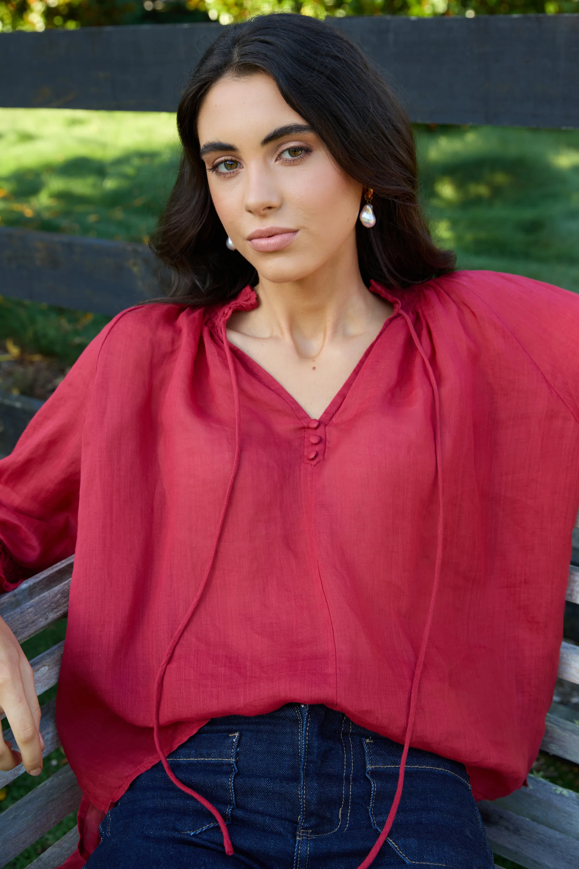 Odyssey Red Shirred Neck Button Mid Sleeve Top - Image 2
