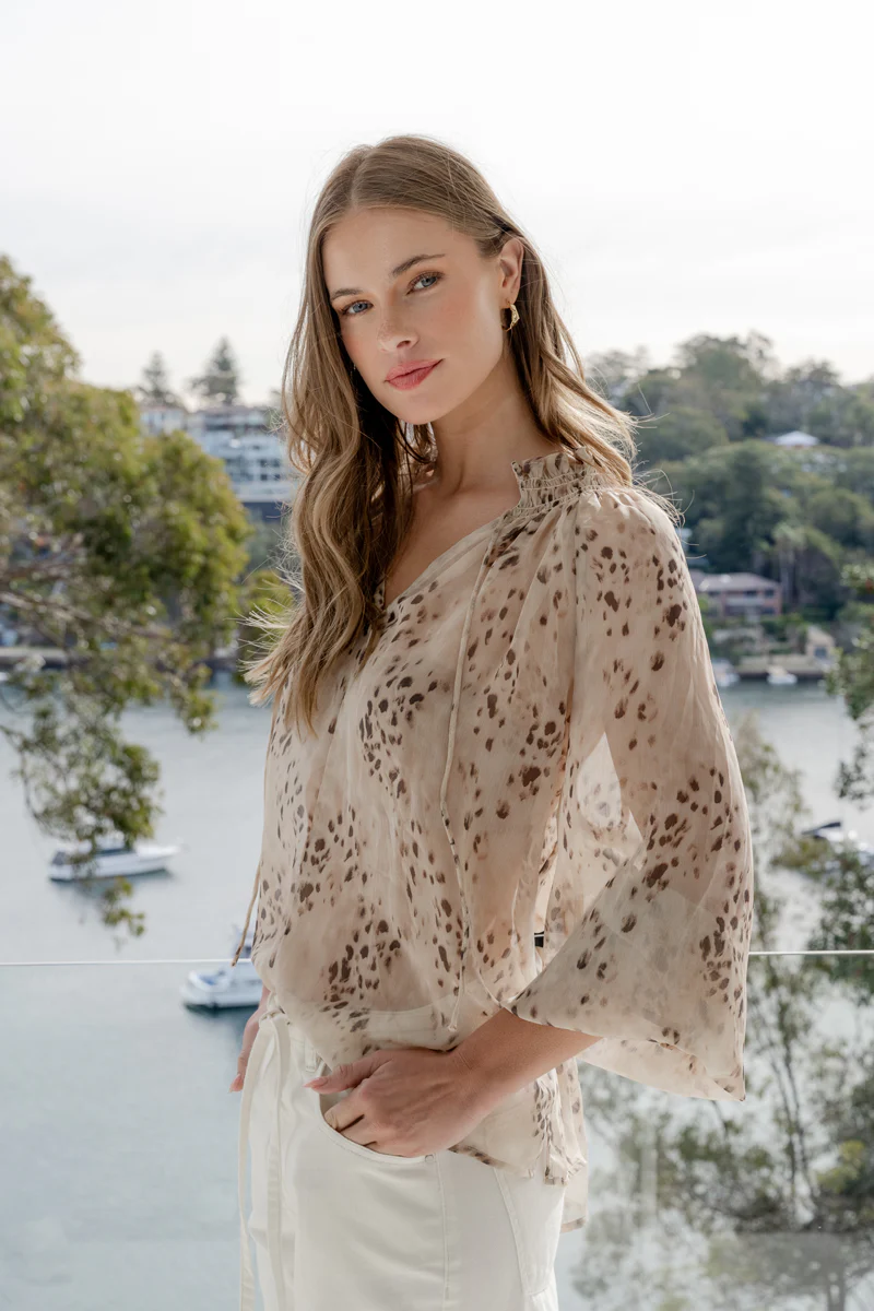 Odyssey Beige Leopard Georgette Shirred Neck LS Top - Image 2