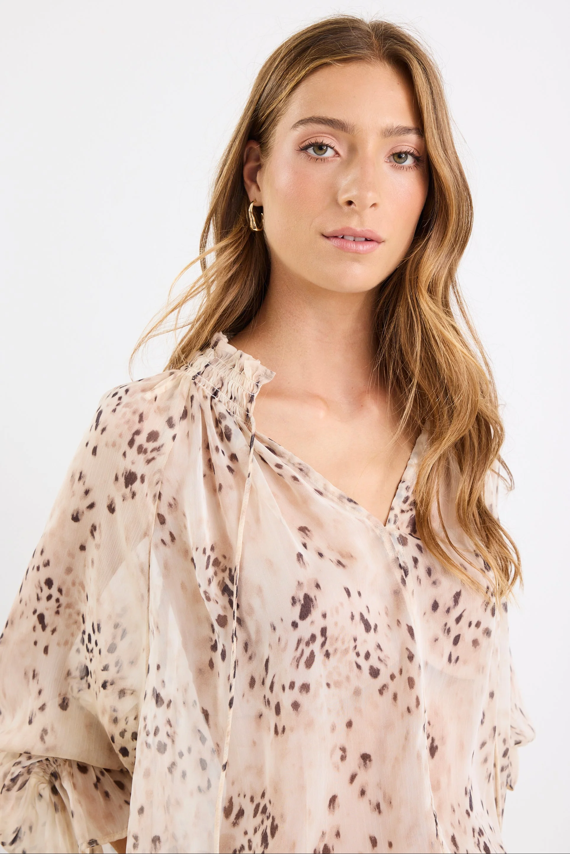 Odyssey Beige Leopard Georgette Shirred Neck LS Top - Image 6