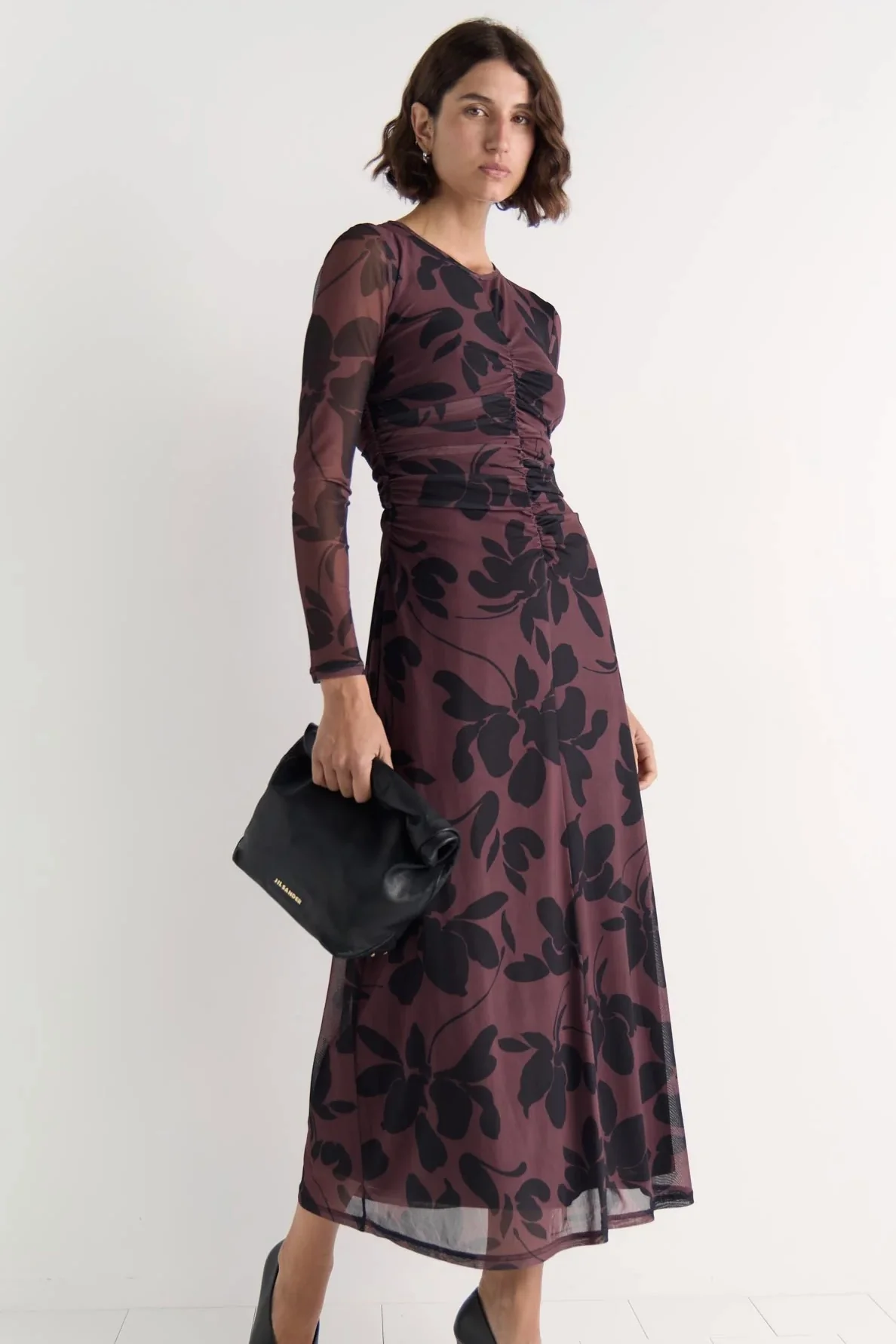 Olina Brown Floral Mesh Maxi Dress - Image 3