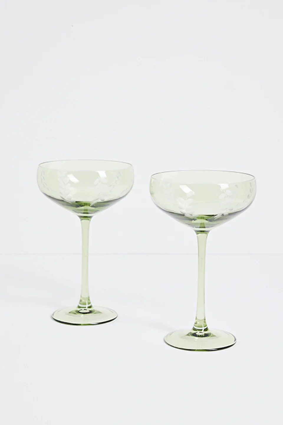 Olive  Green Etched Leaf Set 2 Coupe Cocktail Glasses