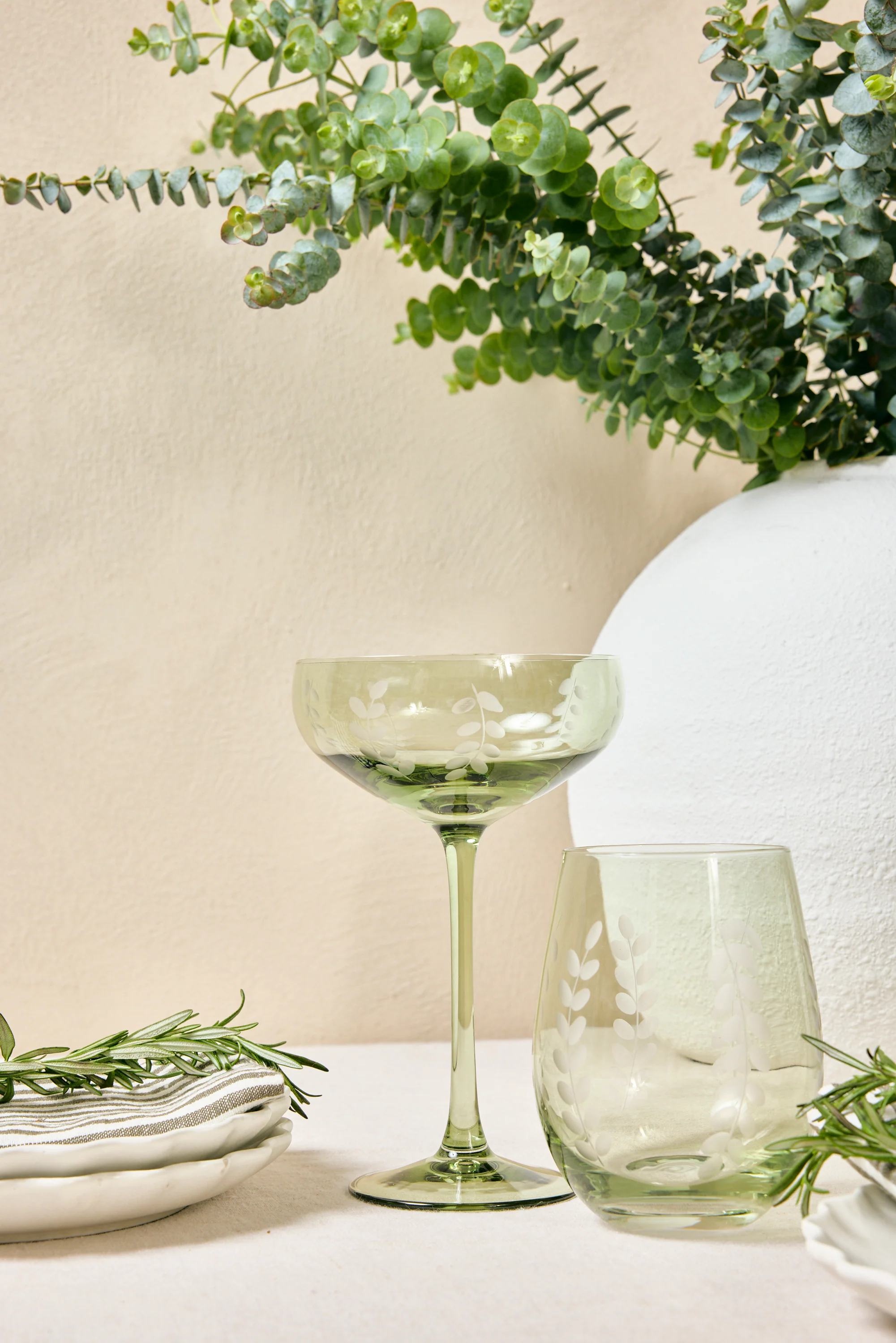 Olive  Green Etched Leaf Set 2 Coupe Cocktail Glasses - Image 2