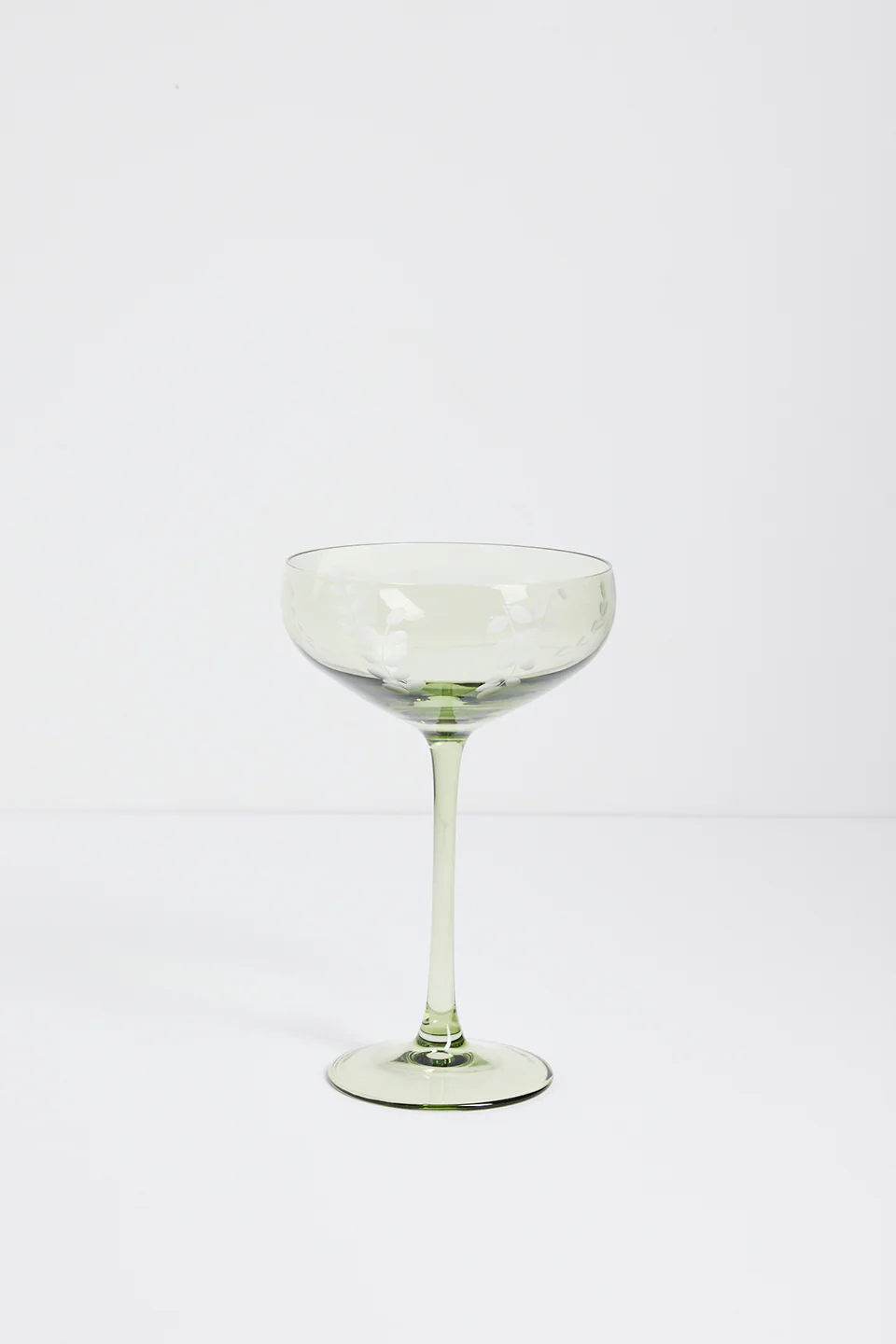 Olive  Green Etched Leaf Set 2 Coupe Cocktail Glasses - Image 3