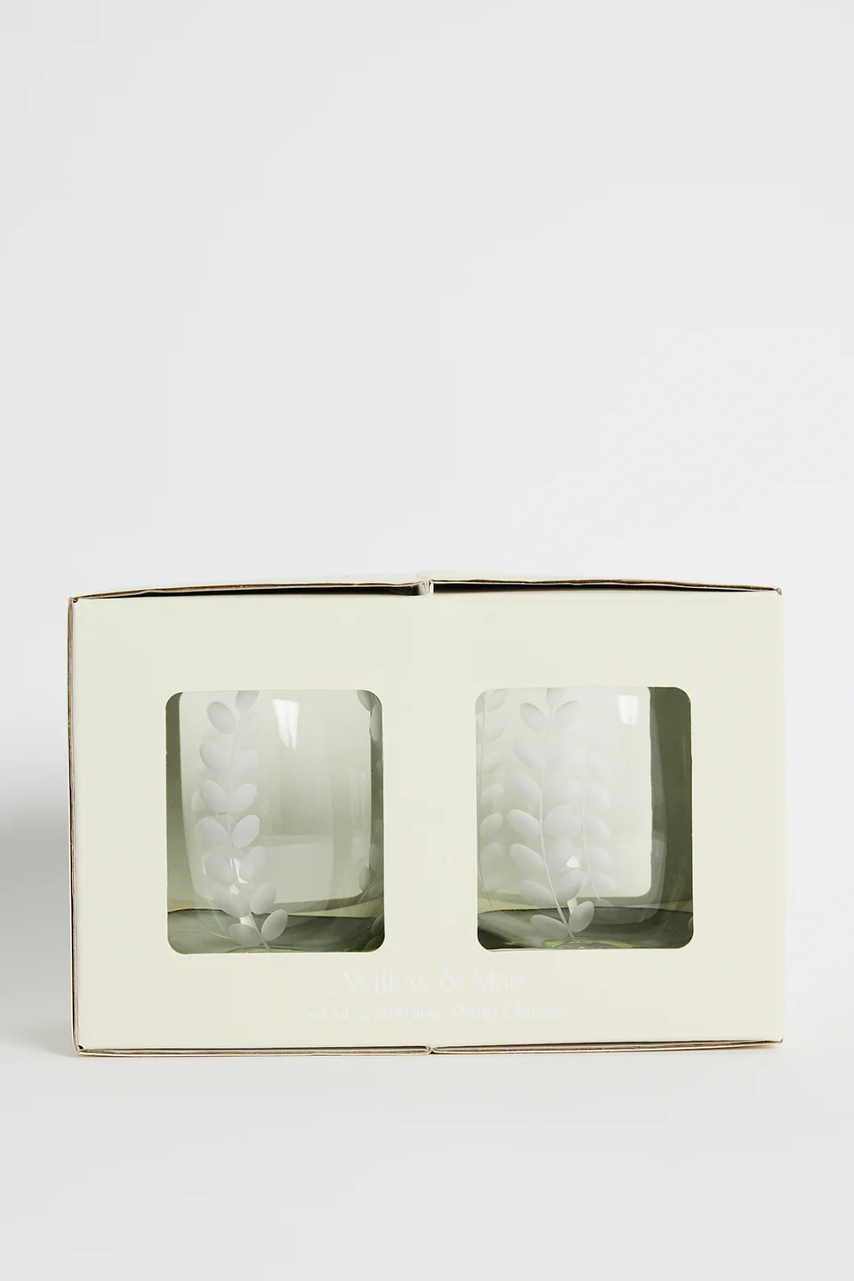 Olive Green Etched Leaf Set 2 Stemless Wine Glasses - Image 3