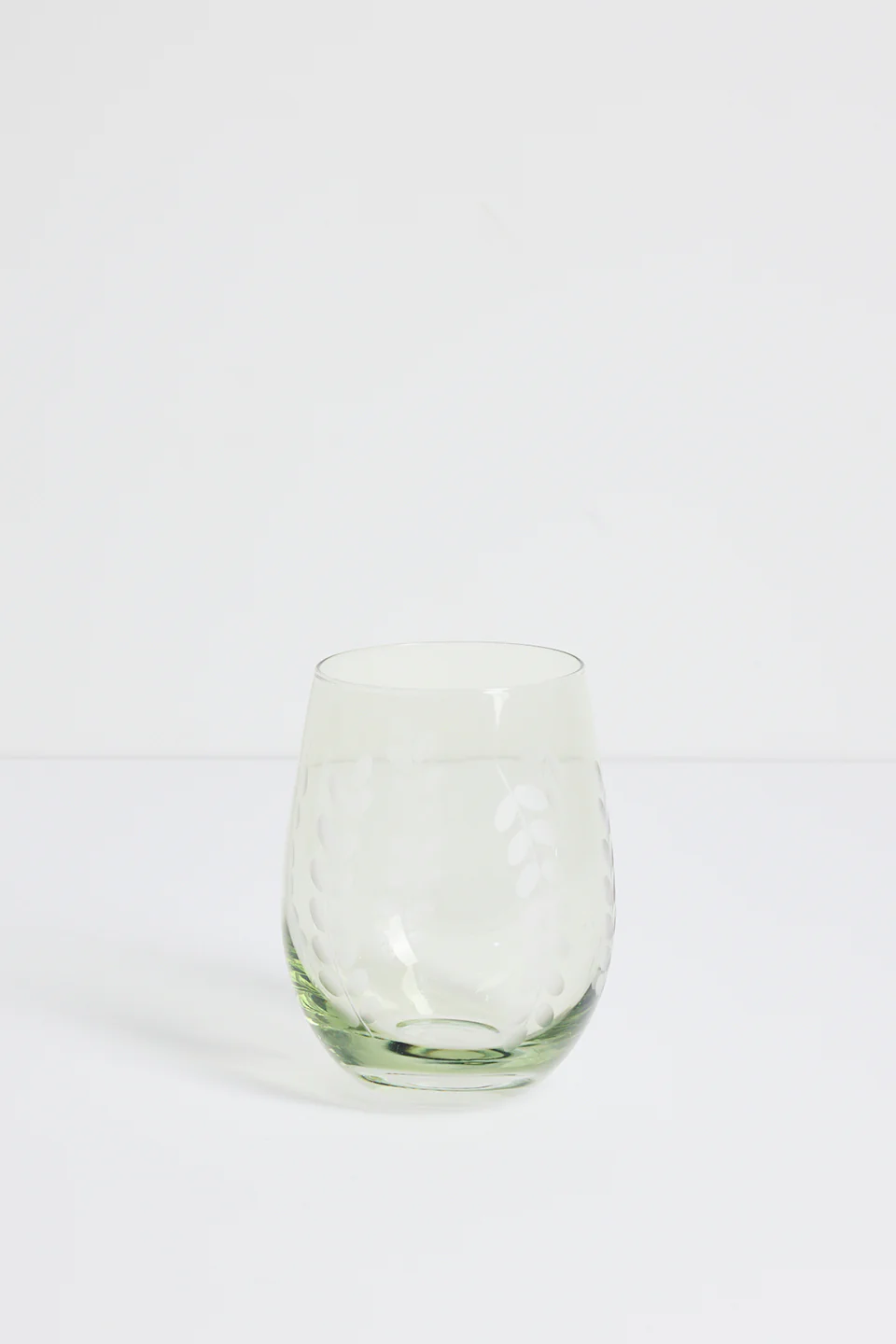 Olive Green Etched Leaf Set 2 Stemless Wine Glasses - Image 4