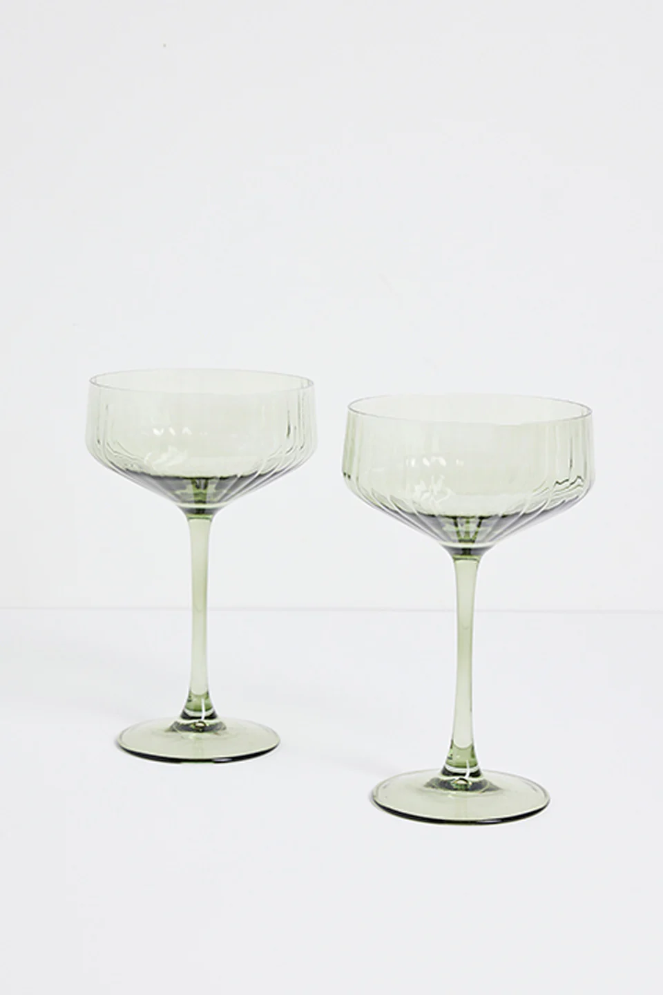 Olive Green Ribbed Set 2 Coupe Cocktail Glasses