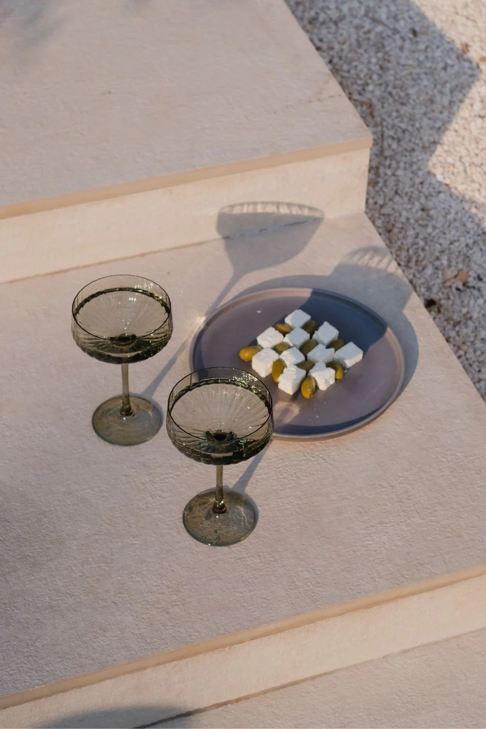 Olive Green Ribbed Set 2 Coupe Cocktail Glasses - Image 2
