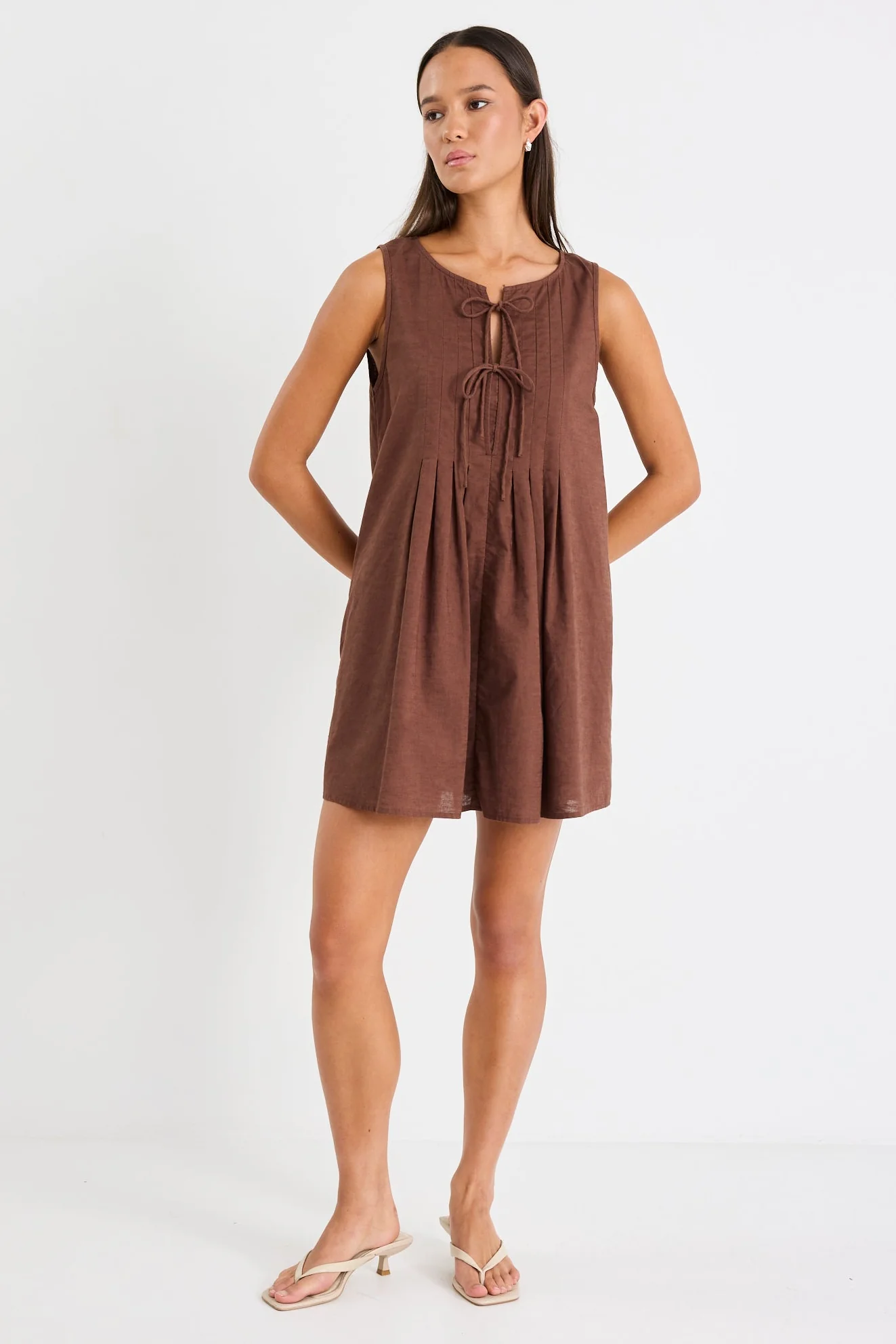 Omega Chocolate Sleeveless Pleated Mini Dress - Image 3