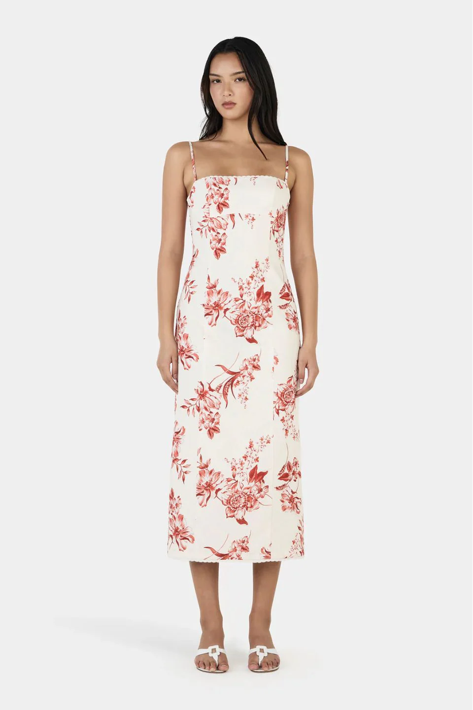 Ophelia White Holiday Floral Strappy Midi Dress